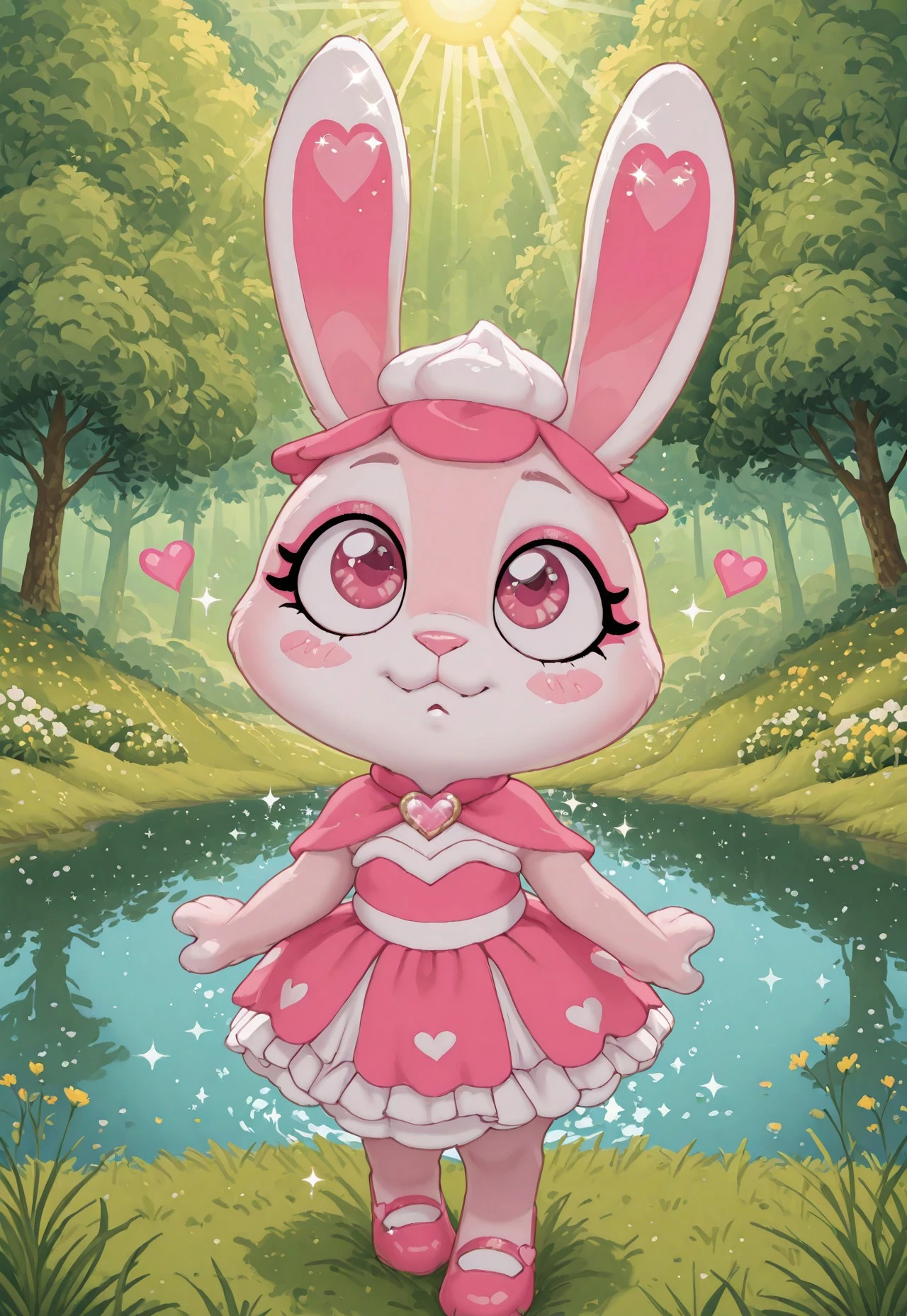 (cutecore, kawaiicore) 1girl, (anthro, furry, furry female) mousse benetta, rabbit, (light pink skin, light pink fur, bodyfur), white rabbit ears, pink heart-shaped markings on ears, pink nose, big eyes, dark pink eyes, eyelashes, makeup, eye makeup, hot pink eyeshadow, blush stickers, (white and hot pink strapless sleeveless frilly dress), light pink heart-shaped brooch, white ruffles, hot pink frills, hot pink capelet, (hot pink capelet layered over strapless sleeveless frilly dress), hot pink frilled cap, food-themed hair ornament, food on head, whipped cream hair ornament, hot pink shoes, ((verdant greenery, trees, lush bushes, grass, grassy lawn, wildflowers, water, lake, sunlight, sun rays, hearts, sparkles, glitter))