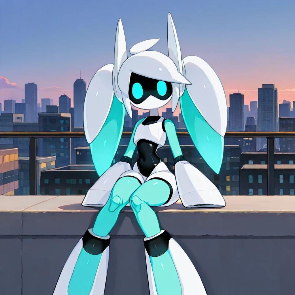 solo,
VoidollCom, robot, humanoid, female, twintails, screen face, screen eyes, light blue eyes, light blue skin, arm cannon, footwear, white crop top, white shorts, black leotard under clothes, front view, looking at viewer, pose, sitting on bench, Arms at sides, on roof, cityscape, twilight, gradient sky,
amazing quality, high quality, very aesthetic, absurdres, newest, masterpiece, best quality, very awa, detailed background,