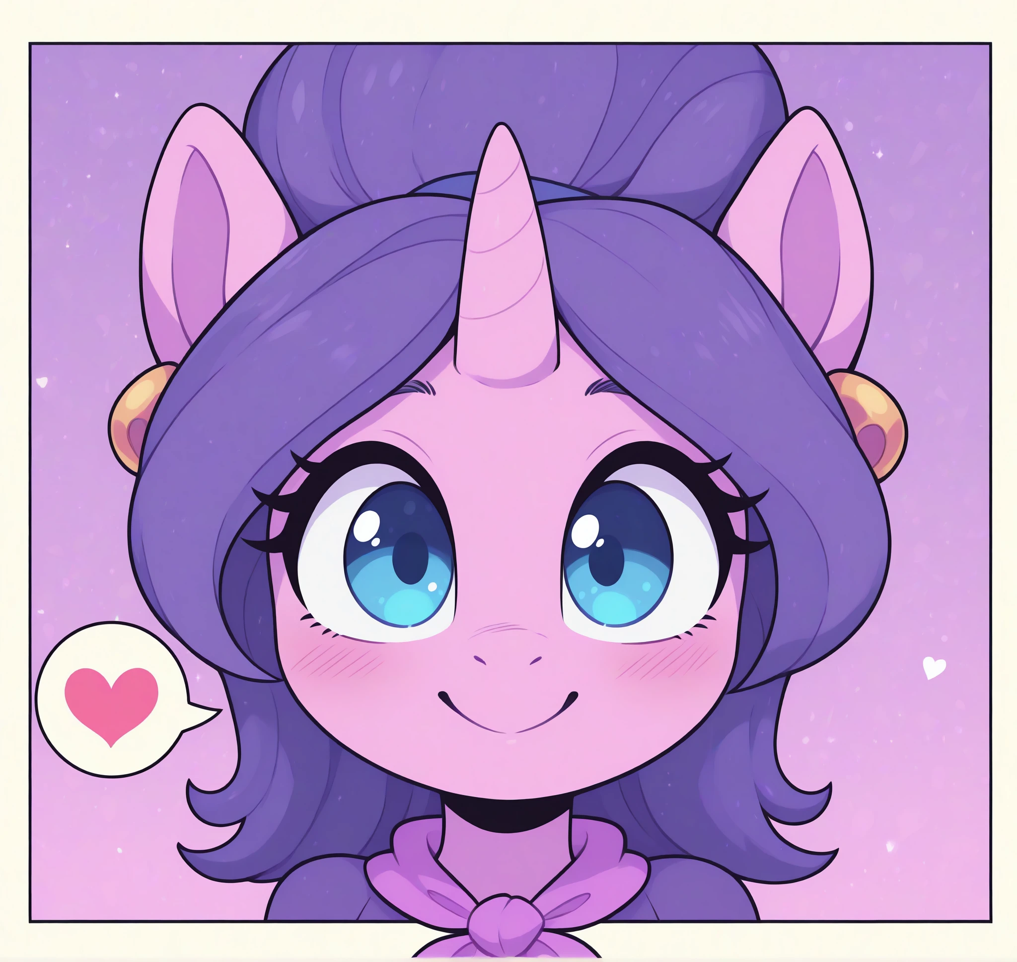 <lora:Cookie_Crumbles_MLP_Character:0.7> cookie crumbles \\(mlp\\), hasbro, equine, pony,  quadruped, unicorn, furry female, blue eyes, purple hair, ascot, neckerchief, earring, BREAK detailed background, in canterlot high, presenting, smile, happy, speech bubble, spoken heart, heart symbol, headshot, close-up, portrait