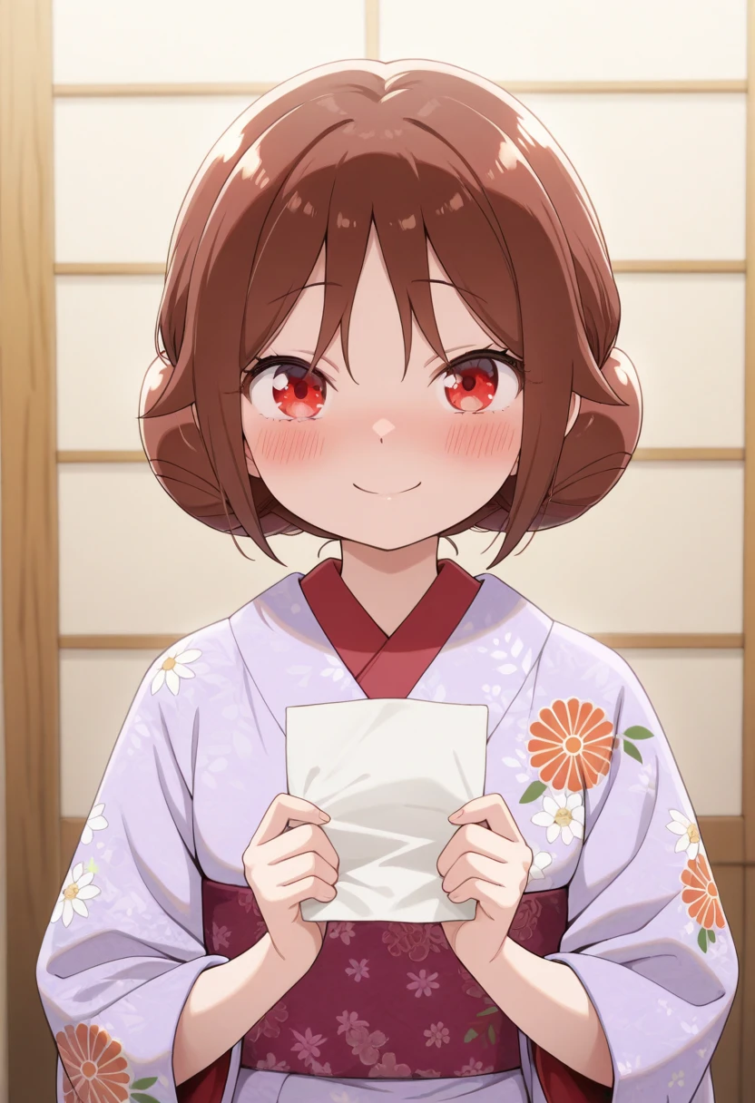 masterpiece,best quality,amazing quality, yuzuki tachibana, 1girl, solo, looking at viewer, blush, smile, brown hair, red eyes, holding, upper body, japanese clothes, kimono, hair bun, floral print, single hair bun, print kimono, purple kimono