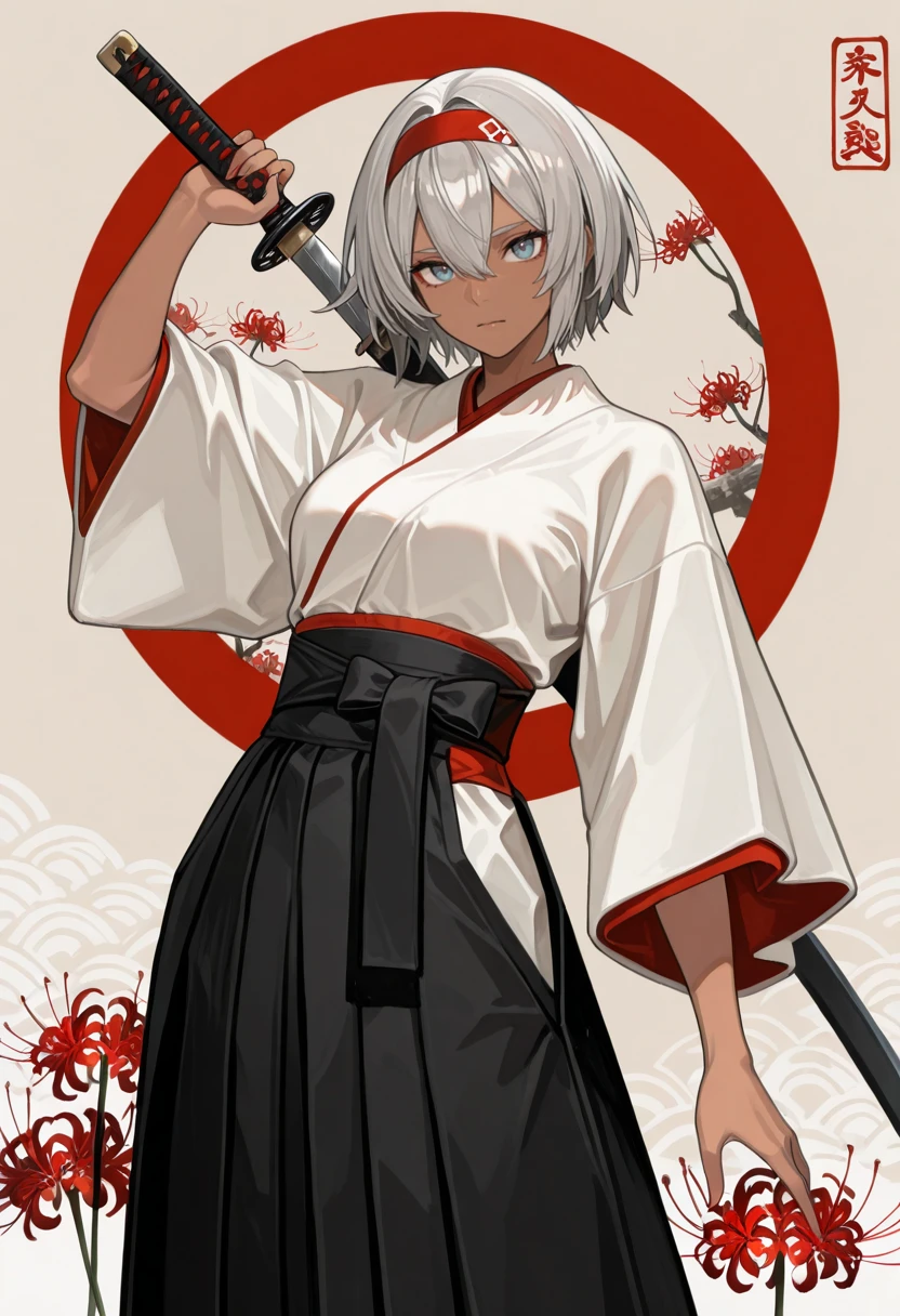 very awa, masterpiece, best quality, absurdres, newest, perfect quality, detailed background, intricate details, solo,
<lora:ILP0k3m0nBe4:1>
P0k3m0nBe4, 1girl, short hair, dark-skinned female, hair between eyes, gray hair, blue eyes, hairband, Beautiful female samurai in artistic Japanese illustration style, wearing white kimono with black hakama, intricate red spider lily flowers decorating outfit, holding katana sword at diagonal angle, large red circle sun motif in background, minimalist beige background with ink splatter effects, vertical red line dividing composition, delicate floral branches intertwining with clothing, traditional Japanese aesthetics mixed with modern anime art style, ethereal and graceful warrior pose, monochromatic color scheme with red accents