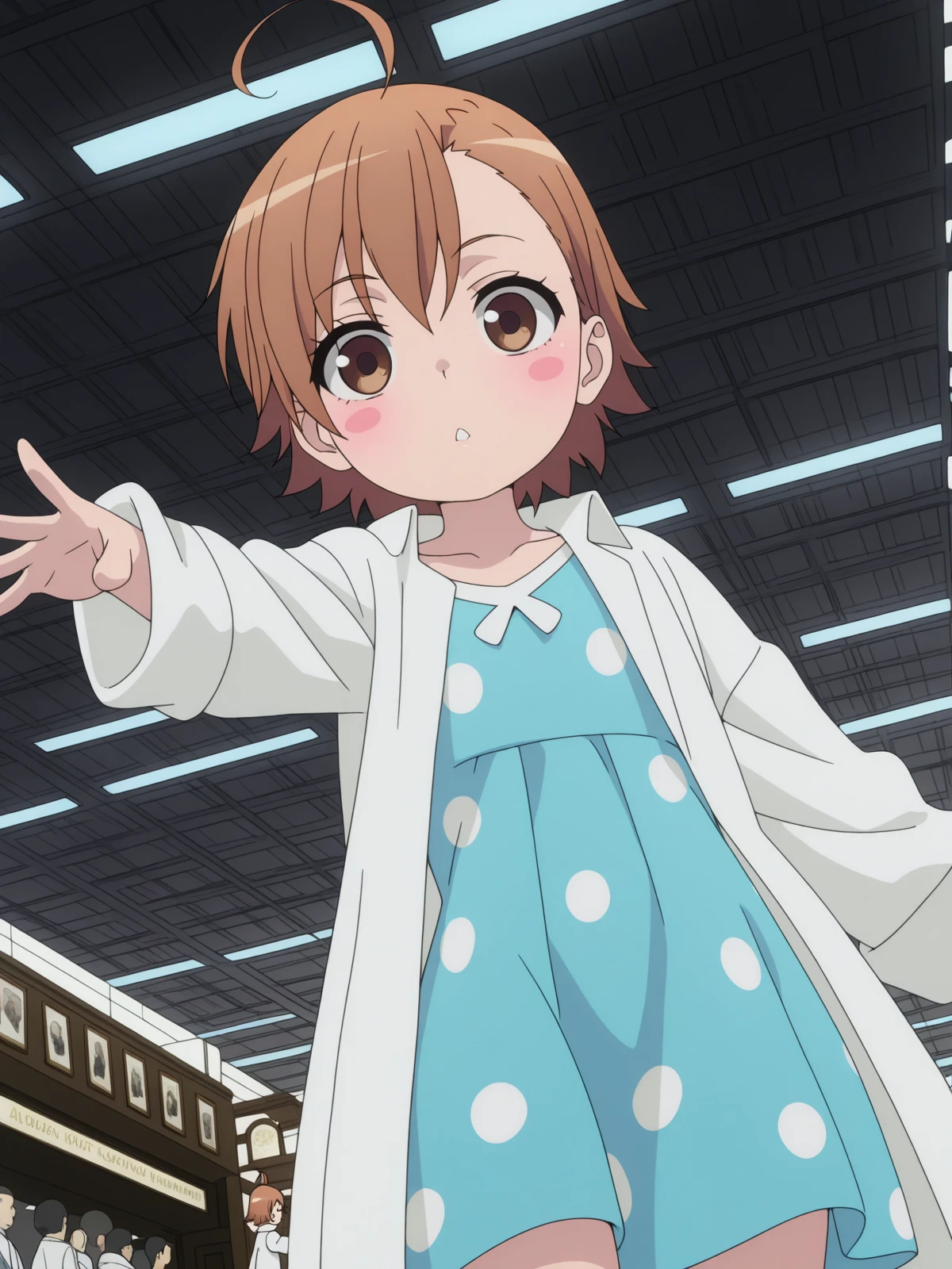 masterpiece, best quality, amazing quality,, <lora:last-order-acc1-illustriousxl-lora-nochekaiser:1>, last order, last order (toaru majutsu no index), short hair, brown hair, brown eyes, ahoge, blush, blush stickers, anime screencap, dress, blue dress, sandals, polka dot, labcoat, polka dot dress,, from below, museum, exhibits, art, history, visitors, cowboy shot, solo, looking at viewer,