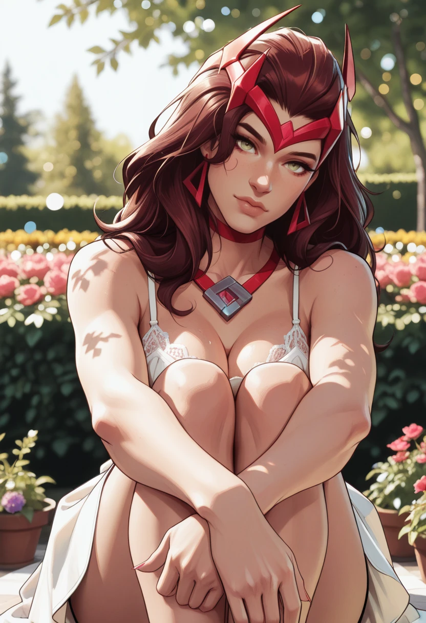 very awa, masterpiece, best quality, absurdres, newest, perfect quality, detailed background, intricate details
<lora:ILMRSc4rl3tW1tch:1>
MRSc4rl3tW1tch, 1girl, long hair, brown hair, green eyes, headpiece, earrings, looking at viewer, outside, garden, lush greens, dappled sunlight, bokeh, upper body, head tilt, sitting, hugging own legs, lace panty visible a little, sundress