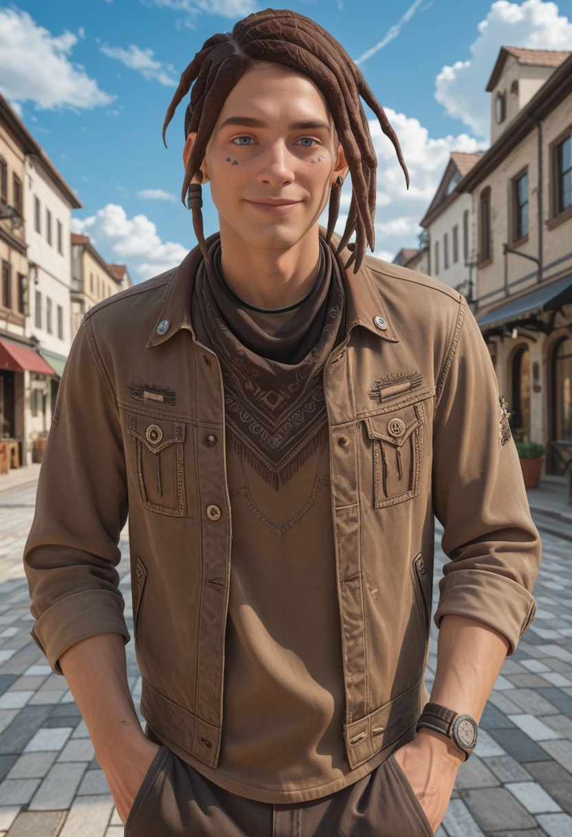 very awa, masterpiece, best quality, absurdres, newest, perfect quality, detailed background, intricate details
<lora:ILLIS2Finn:1.0>
LIS2Finn, 1boy, male focus, dreadlocks, short hair, brown hair, blue eyes, facial mark, hair ornament, ear piercing, looking at viewer, male focus, smile, hands in pockets, outdoors, building, blue sky, day, leaning forward, cloud, closed mouth
