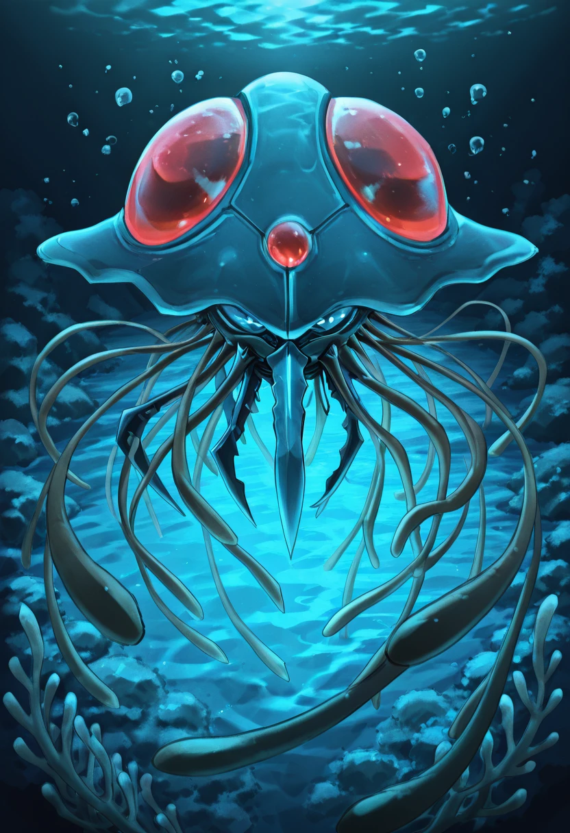 masterpiece, best quality, solo, zzTentacruel, <lora:TentacruelPokedex_IXL:1.0>, water, bubble, underwater, coral, seaweed, (foreshortening, incoming attack), 1girl, solo, neon-highlighted bob, gravity-defying braid, armored exosuit, mecha, <lora:TechJelly_IXL:0.7>,