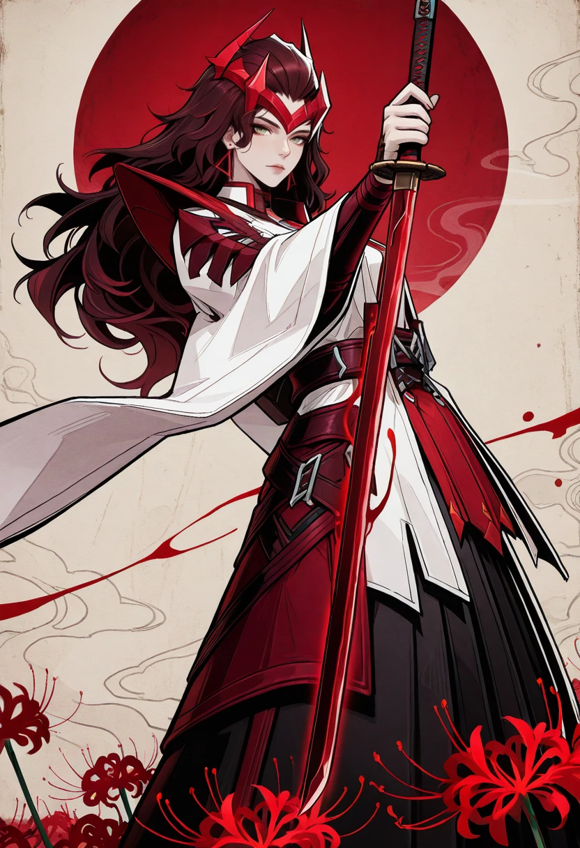 very awa, masterpiece, best quality, absurdres, newest, perfect quality, detailed background, intricate details
<lora:ILMRSc4rl3tW1tch:1>
MRSc4rl3tW1tch, 1girl, long hair, brown hair, green eyes, headpiece, earrings, looking at viewer, Beautiful female samurai in artistic Japanese illustration style, wearing white kimono with black hakama, intricate red spider lily flowers decorating outfit, holding katana sword at diagonal angle, large red circle sun motif in background, minimalist beige background with ink splatter effects, vertical red line dividing composition, delicate floral branches intertwining with clothing, traditional Japanese aesthetics mixed with modern anime art style, ethereal and graceful warrior pose, monochromatic color scheme with red accents