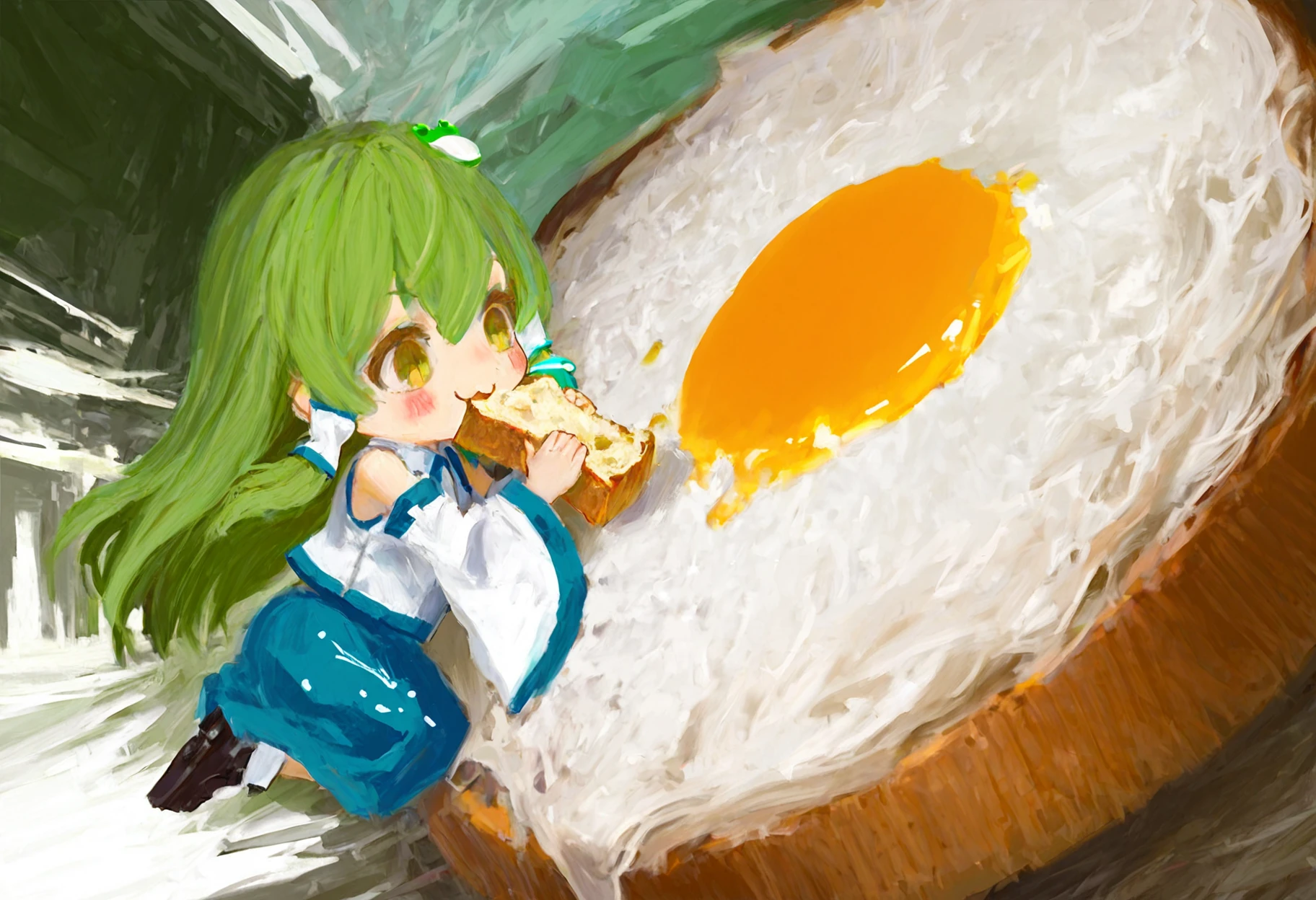 <lora:daodtt_style_illustr:1> da0d77, 1girl,
absurdly detailed composition, detailed shadows, detailed background,
abstract, surreal, abstract background, surreal background, visible brushstrokes, painterly, impressionistic,
kochiya sanae, green hair, yellow eyes, detached sleeves, wide sleeves, white shirt, 
green hair, food, frog hair ornament, yellow eyes, hair ornament, chibi, blush, hair tubes, bread, toast, fried egg, :3, eating, in food, long hair, japanese clothes, egg \(food\), shoes, hair between eyes, 
giant fried egg | gigantic fried egg | oversized fried egg | absurdly large fried egg, 
smile, from side
