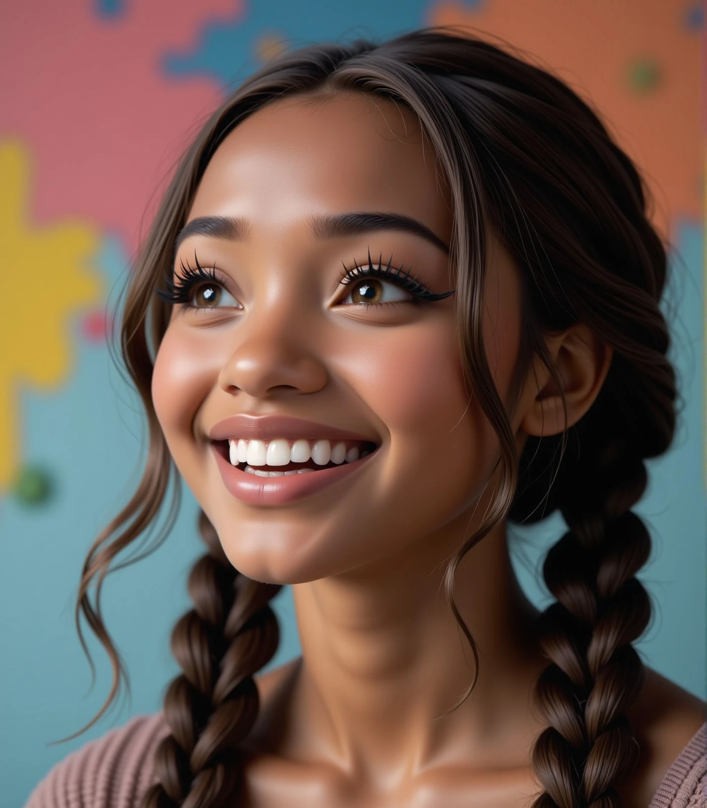 sharp image, 4k, young woman face, close up, multicolored wall on background, black eyeliner, eyeshadows, long eyelashes, looking away, smile, tooth,, <lora:Woomy 14 Flux:0.9> dark skin, ebony, brown eyes, brown hair, long hair, braid twintails,