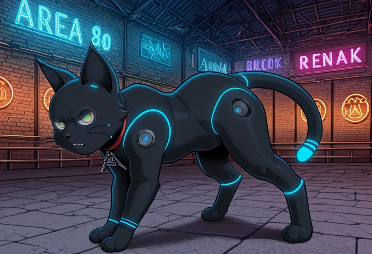 masterpiece, best quality, amazing quality, very aesthetic, absurdres, newest, break
indoor, arena, cyber pank, neon lights, break
1cat, cat 808, black cat, glowing, feral cat, neon lights, yellow eyes, slim body, break
jumping an all fours, angry. cowboy shot