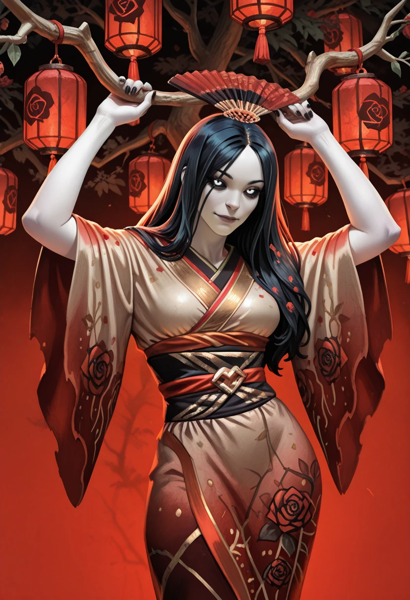 very awa, masterpiece, best quality, absurdres, newest, perfect quality, detailed background, intricate details
<lora:ILSm2Izanami:1.0>
Sm2Izanami, 1girl, black hair, long hair, black sclera, white eyes, pale skin, looking at viewer, dressed in a traditional, ornate black and red kimono adorned with intricate gold patterns and red roses, with red flowers in their hair, background is filled with numerous red lanterns hanging from the trees, creating a festive and serene atmosphere, lanterns are intricately designed, adding to the traditional aesthetic of the setting, serene expression and the warm lighting enhance the tranquil and culturally rich environment