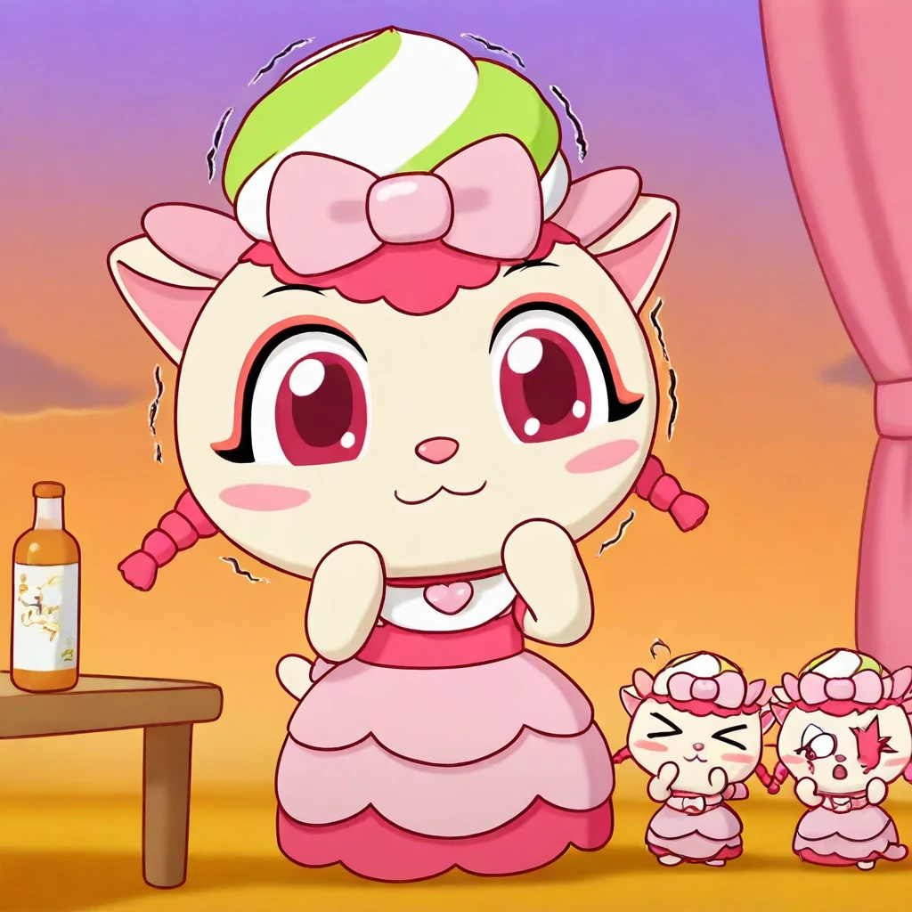 wavy mouth, constricted pupils, pink hair, dress, light pink bow, hands up, orange background, cat tail, gradient background, indoors, furry female), sitting, hand up, open mouth, furry female, cloud, full body, eyelashes, sheep, body fur, peeking out, blush stickers, pink headwear, (anthro, u u, purple background, pink eyeshadow, shirt, sunset, vanilla ellie, trembling, light pink (long attached layered dress_skirt), cat, bangs, chibi, gradient, bib, blue sky, food on head, pink nose, baby, pink eyes, hands on own face, pink ruffles, blush, collar, outdoors, hot pink bodice, sheep ears, , white fur, smile, food-themed hair ornament, curtains, arm up, :o, table, bottle, (light pink and hot pink long frilly dress), :3, hands on , red eyes, hair ribbon, cat ears, closed mouth, makeup, pink fur, hot pink hair, baseball bat, pink bow, > <, light fur, twin braids, stuffed toy, big eyes, from side, animal, eye makeup, (light skin