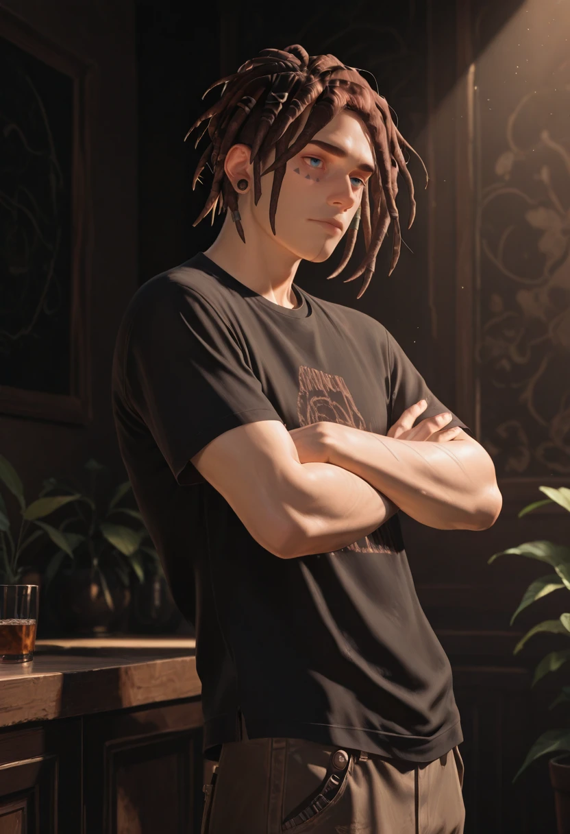 very awa, masterpiece, best quality, absurdres, newest, perfect quality, detailed background, intricate details
<lora:ILLIS2Finn:1.0>
LIS2Finn, 1boy, male focus, dreadlocks, short hair, brown hair, blue eyes, facial mark, hair ornament, ear piercing, looking at viewer, male focus, black shirt, crossed arms, closed mouth, cowboy shot, short sleeves, pants, t-shirt, messy hair, standing, dynamic light