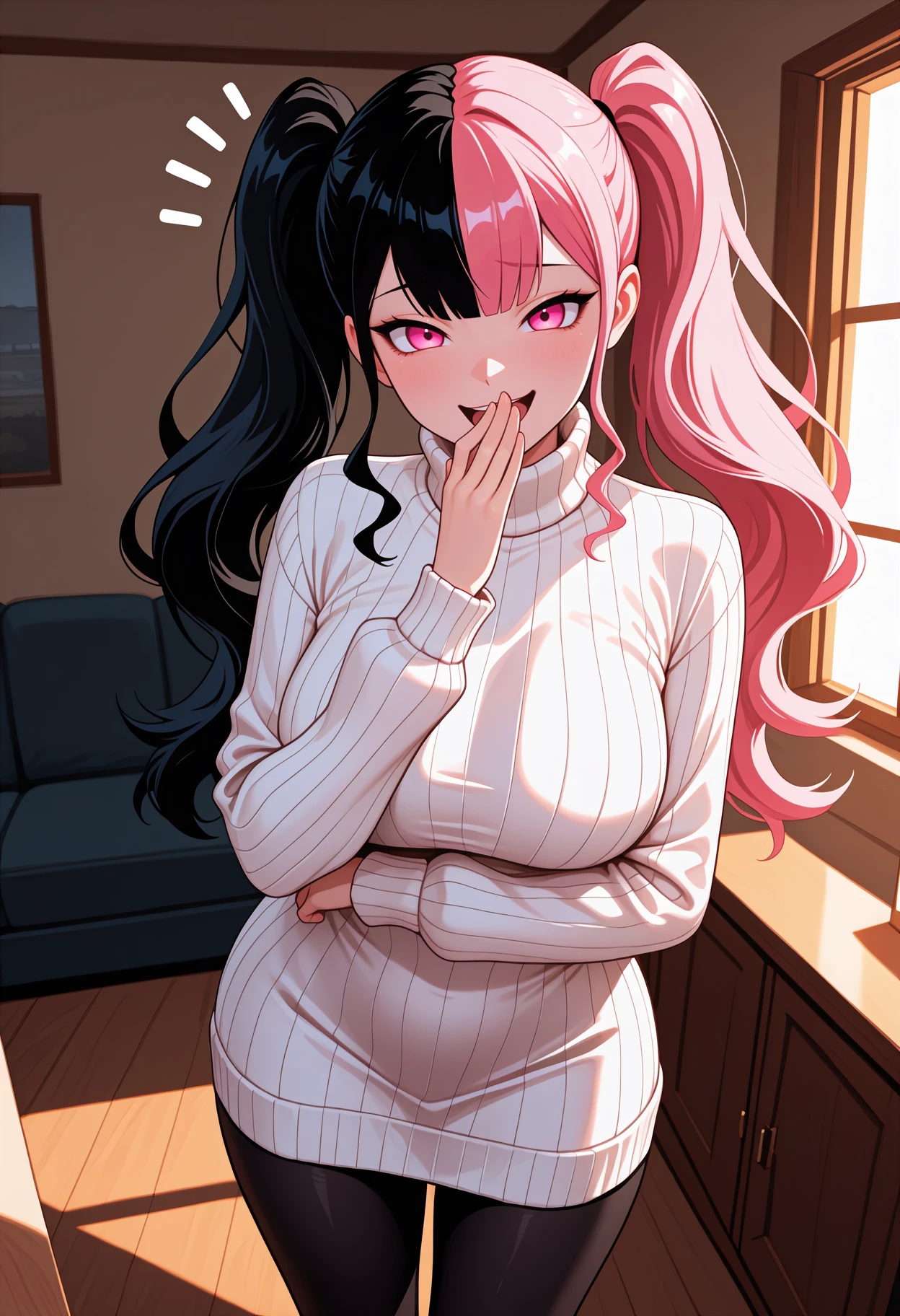 newest, solo, 1girl, looking at viewer, standing, laughing, ojou-sama pose, hand to own mouth, notice lines, long hair, split-color hair, black hair, pink hair, twintails, pink eyes, white sweater, sweater dress, ribbed sweater, turtleneck sweater, long sleeves, black pantyhose, indoors, living room, window
<segment:yolo-Anzhc Face seg 640 v3 y11n.pt,0.5,0.5//cid=11>