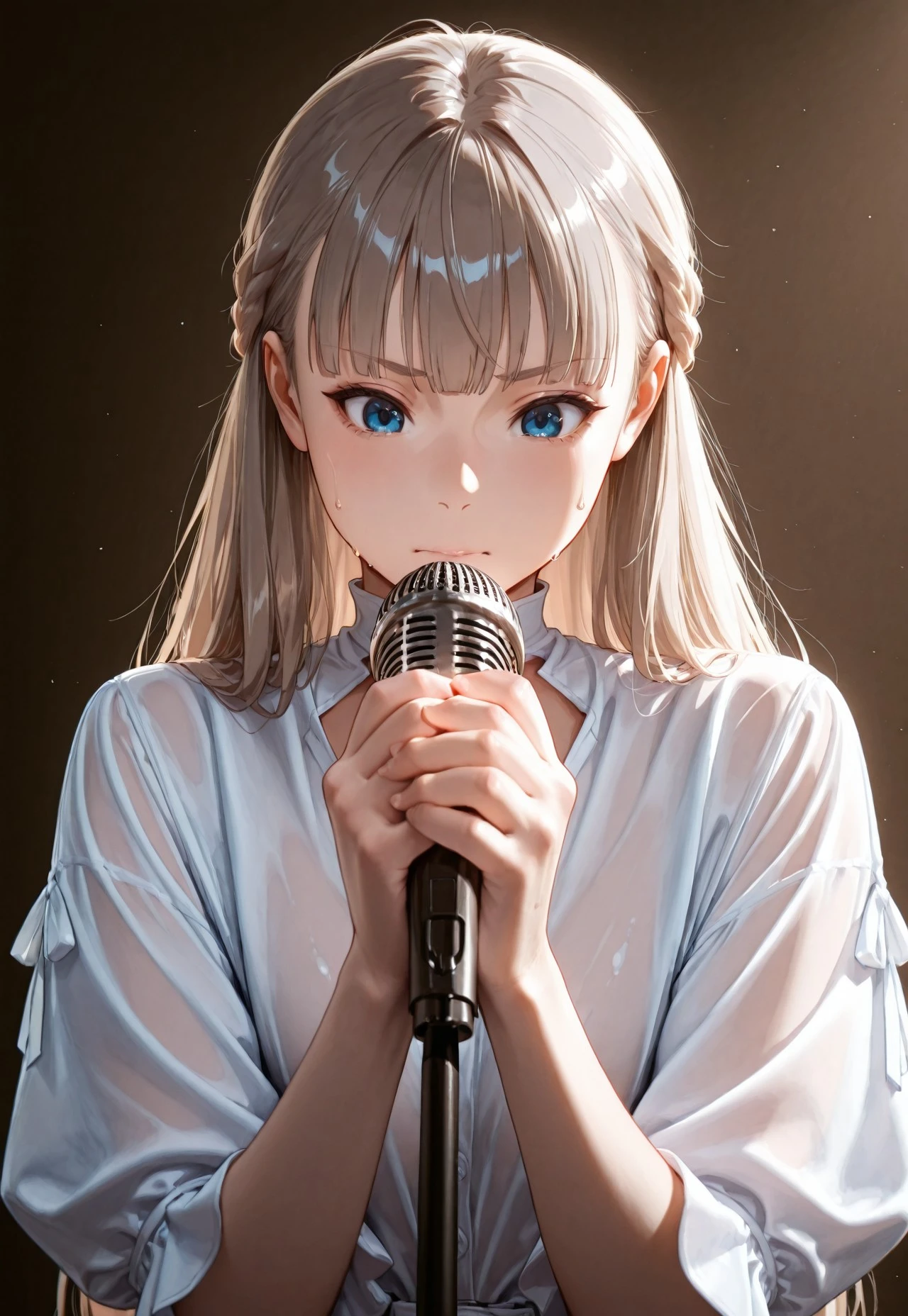 masterpiece, very aesthetic, absurdres, sinfully stylish, dramatic lighting, soft light, long shadows, detailed, ultra-detailed, masterpiece, very aesthetic, absurdres, perfect quality, absolutely eye-catching, best quality, intricate details, high-res,anime, 1girl, solo, blue eyes, grey hair, long hair, french braids, bangs, japanese-idol-outfit, idol stage,microphone , open eyes , sweat, ,