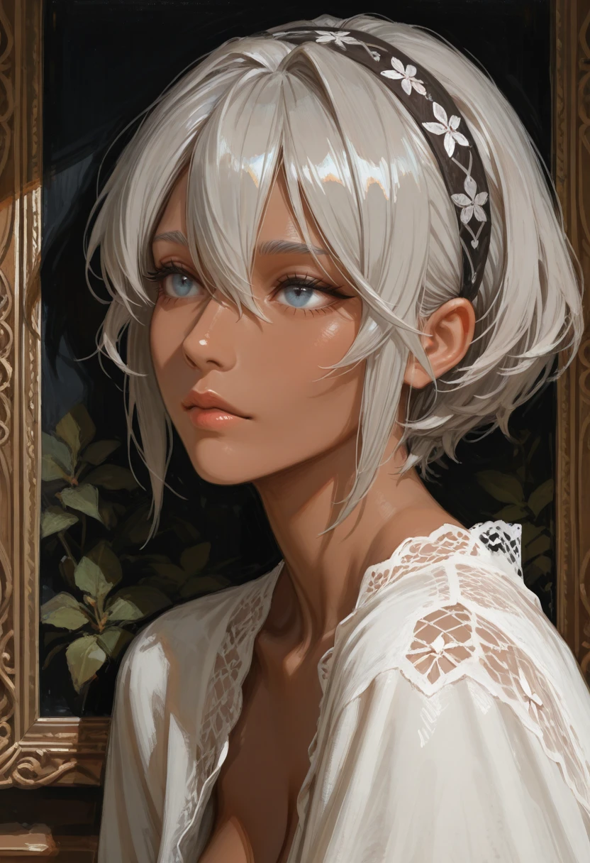 very awa, masterpiece, best quality, absurdres, newest, perfect quality, detailed background, intricate details, solo,
<lora:ILP0k3m0nBe4:1>
P0k3m0nBe4, 1girl, short hair, dark-skinned female, hair between eyes, gray hair, blue eyes, hairband, faux traditional media, sketch, digital painting, brushstrokes, realistic,  mature,
