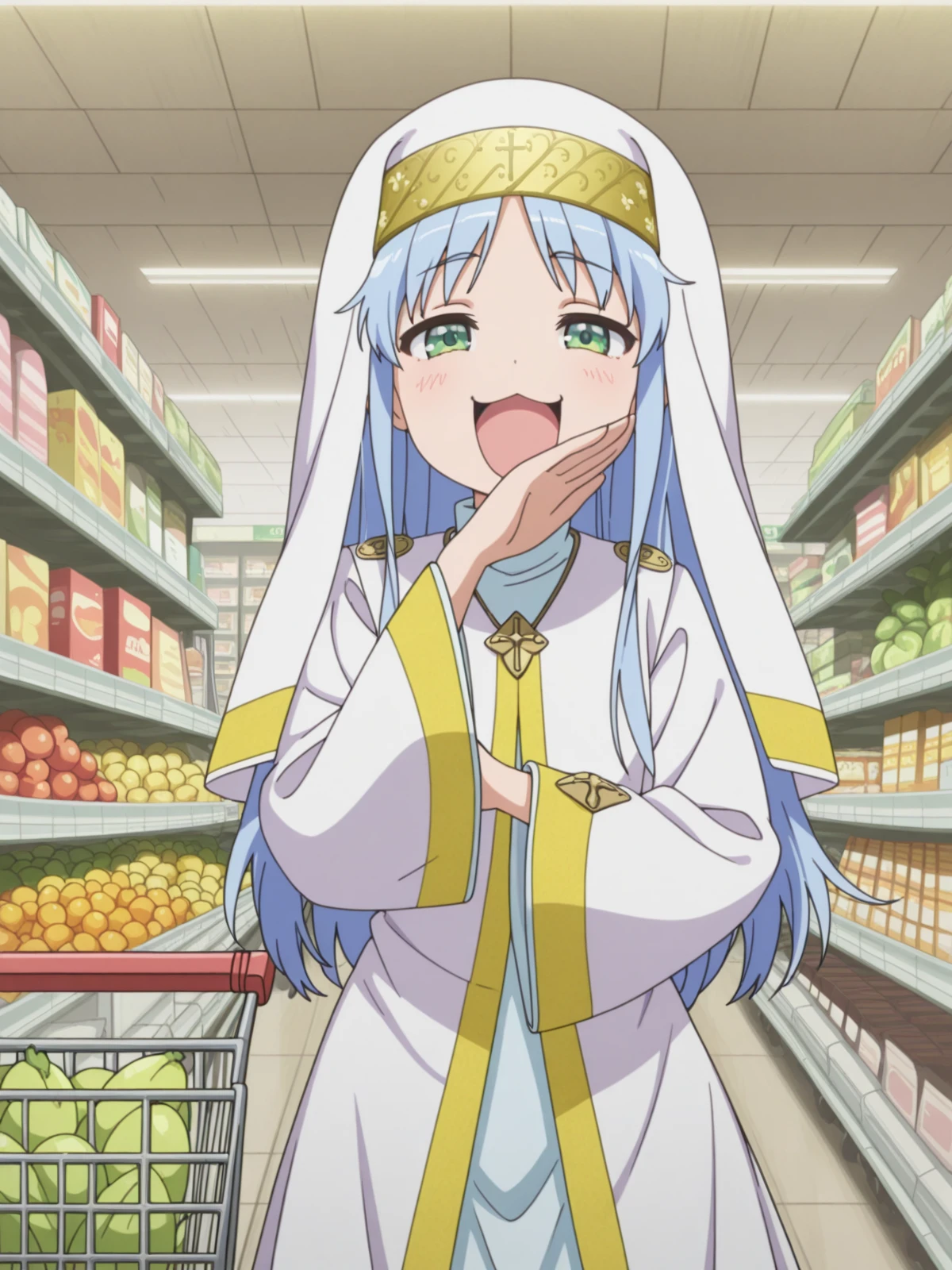 masterpiece, best quality, amazing quality,, <lora:index-librorum-prohibitorum-indexs2-illustriousxl-lora-nochekaiser:1>, index librorum prohibitorum, green eyes, blue hair, long hair, anime screencap, habit, long sleeves, nun, robe, white robe, wide sleeves,, <lora:ojou-sama-pose-illustriousxl-lora-nochekaiser:1>, ojou-sama pose, laughing, smug, hand to own mouth, open mouth, cowboy shot, grocery store, shopping cart, picking fruits, everyday life, cowboy shot, solo, looking at viewer,