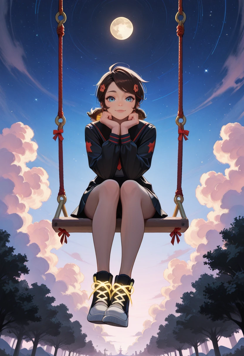 very awa, masterpiece, best quality, absurdres, newest, perfect quality, detailed background, intricate details, solo,
<lora:ILMRP3n1P4rk3r:1.0>
MRP3n1P4rk3r, 1girl, brown hair, low ponytail, twin ponytail, hair ornament, red streaks, blue eyes, looking at viewer, soft smile, sitting on a swing, both hands gripping pastel swing ropes, hanging from floating moon, dreamy sky playground, glowing clouds, soft stars, motion blur on ribbons, star-shaped shoes, magical freedom feeling