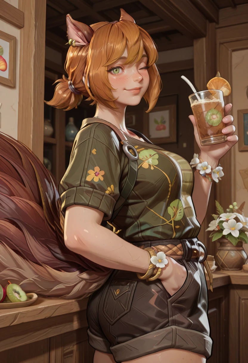 very awa, masterpiece, best quality, absurdres, newest, perfect quality, detailed background, intricate details
<lora:ILMRSqu1rr3lG1rl:1.0>
MRSqu1rr3lG1rl, 1girl, short hair, brown hair, freckles, green eyes, animal ears, squirrel tail, looking at viewer, black shorts, blush, bracelet, cup, earrings, floral print, flower, flower bracelet, food, food print, fruit, green shirt, hand in pocket, holding cup, jewelry, kiwi fruit, kiwi slice, leaf, looking at viewer, one eye closed, ponytail, shirt, short sleeves, shorts, sidelocks, smile, strap, striped clothes, striped shirt, trinkets, white flower