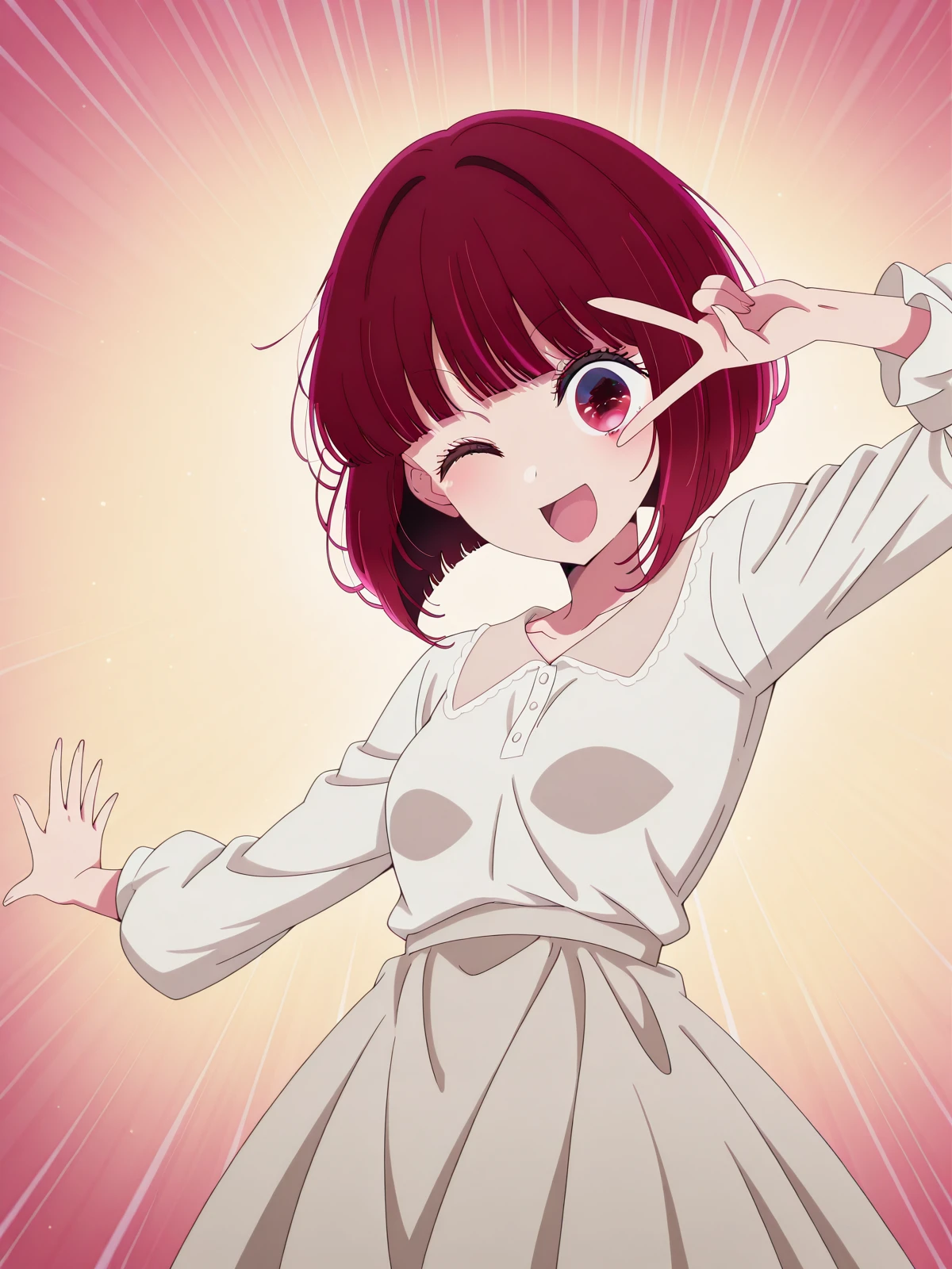 masterpiece, best quality, amazing quality,, <lora:kana-arima-s1-illustriousxl-lora-nochekaiser:1>, kana arima, arima kana, short hair, bangs, red eyes, red hair, bob cut, mature female, small breasts, anime screencap,, <lora:curemelody-pose-illustriousxl-lora-nochekaiser:1>, curemelody pose, solo, smile, open mouth, one eye closed, v, ;d, v over eye, hands up,, , ,