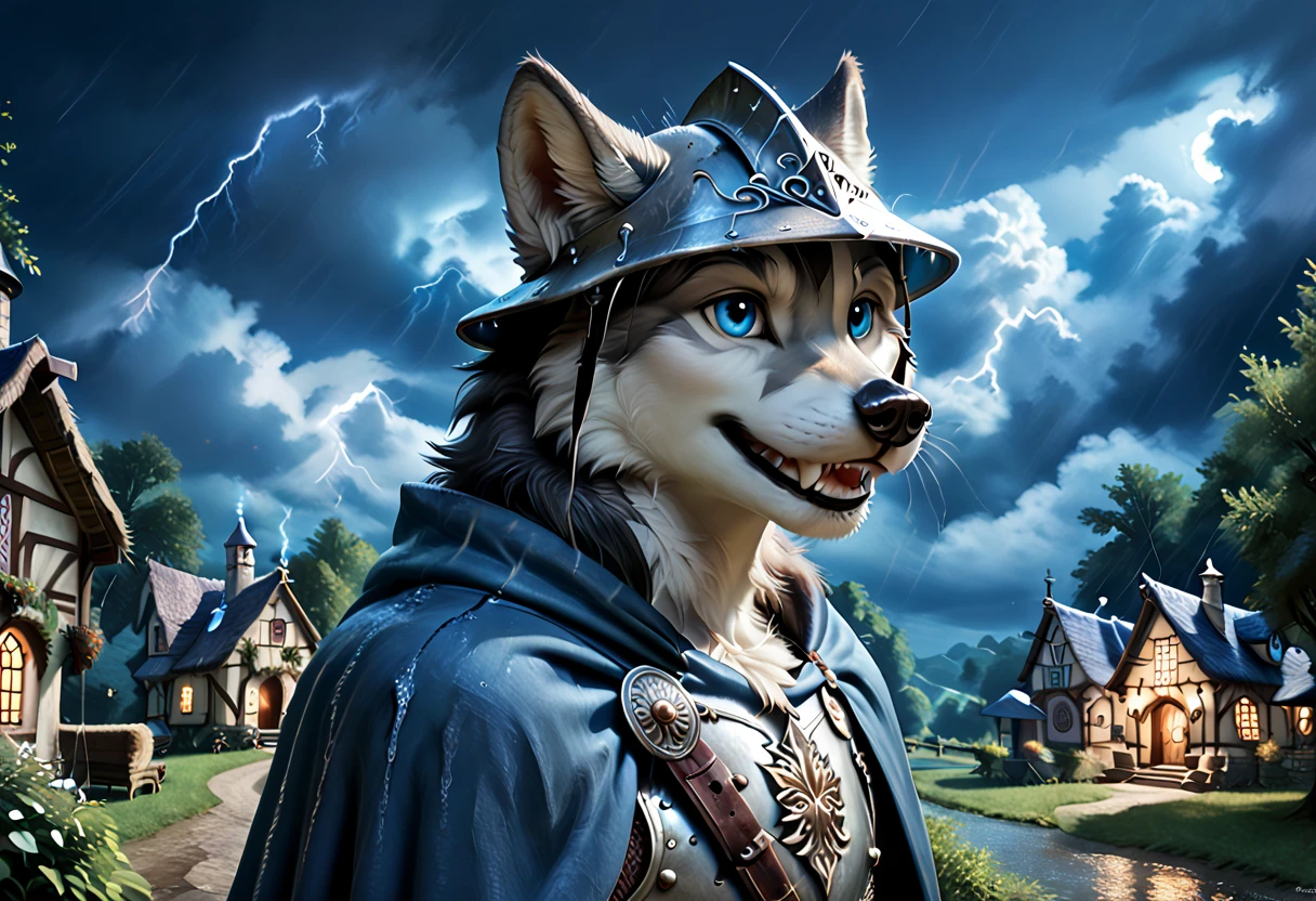 ultra-detailed, score_9, score_8_up, score_7_up, realistic, furry, anthro, male wolf, fluffy tail, detailed fur, black hair, medieval village, grey fur fur, blue eyes, detailed face, sliver knight armor, silver helmet, cape, (((thunderstorm))), raining, (((night))), black clouds, windy, canine mouth, sharp teeth, side view,