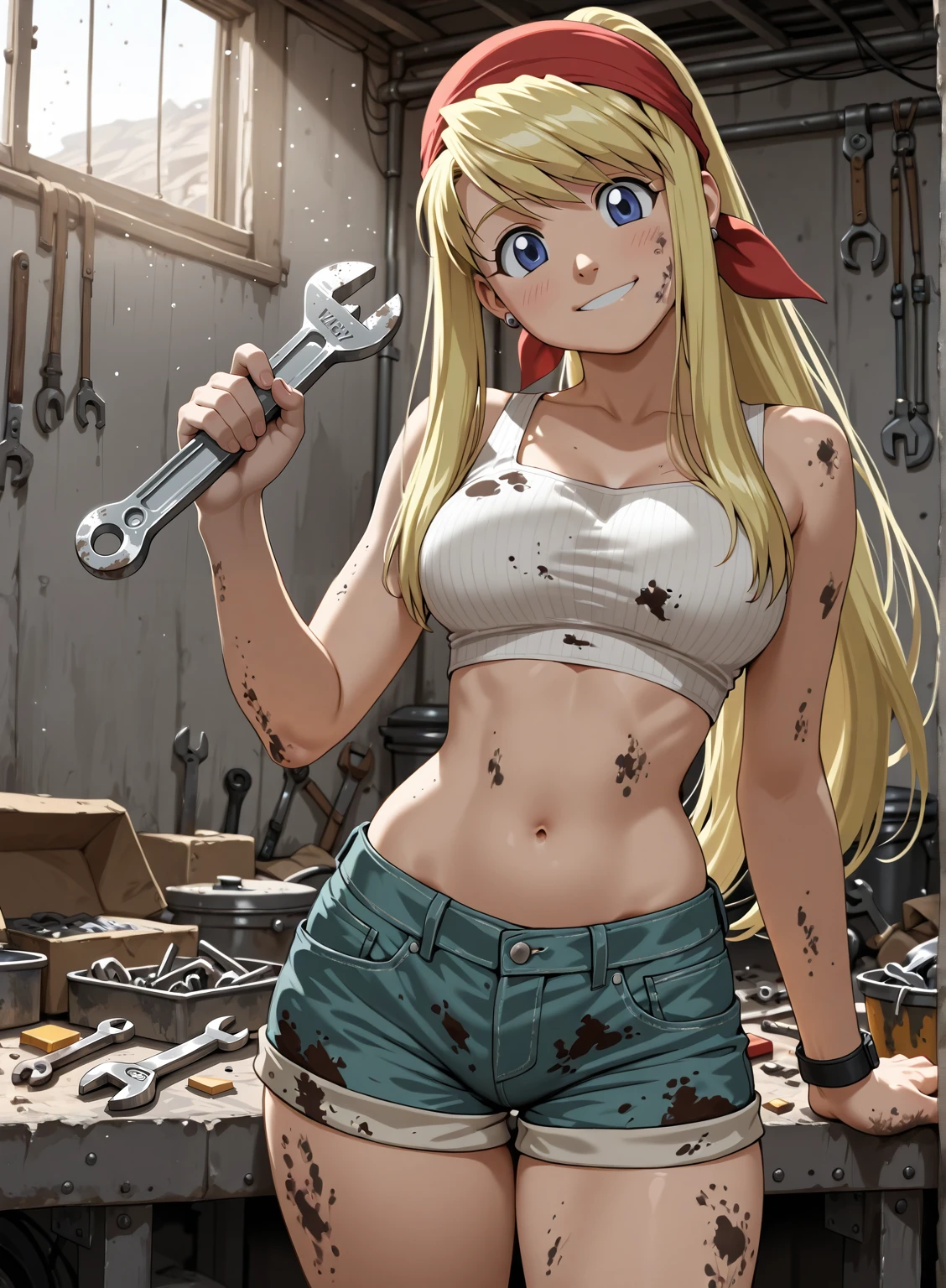 masterpiece, best quality, newest, 4k, detailed background, amazing background, winry rockbell, sfw, official costume, smile, cowboy shot, midriff, bandana, shorts, crop-top, wrench, happy, head tilt, clothes,