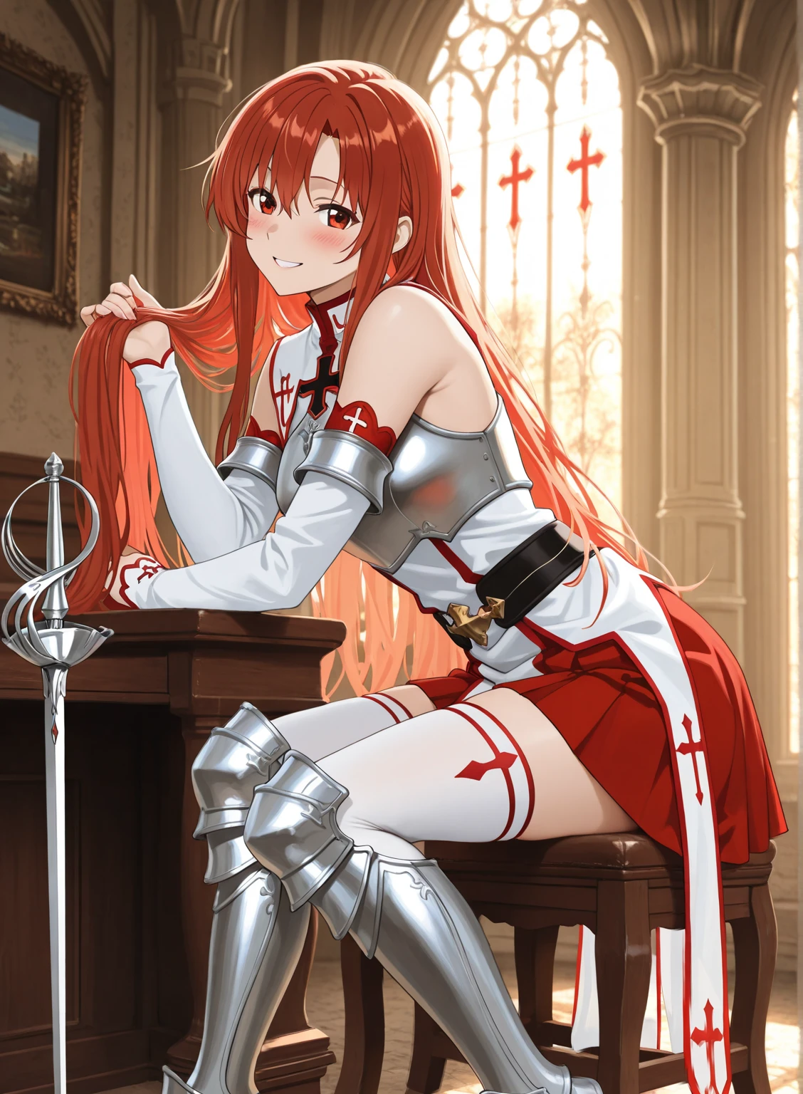 masterpiece, best quality, absurd res, 4k, amazing background, detailed background, solo, anime-style, asuna yuuki, long chestnut hair, white and red knights of the blood oath uniform, long white tunic with red trim and cross motif, red skirt with layered panels, detached sleeves, silver breastplate, white thigh-high stockings with red crosses, armored boots with red accents, flowing mantle, elegant rapier at hip, sitting pose with legs slightly to the side, leaning forward with playful smile, one hand brushing hair back, subtle blush, soft warm lighting, fantasy interior background, romantic mood, cinematic shading, detailed outfit design
