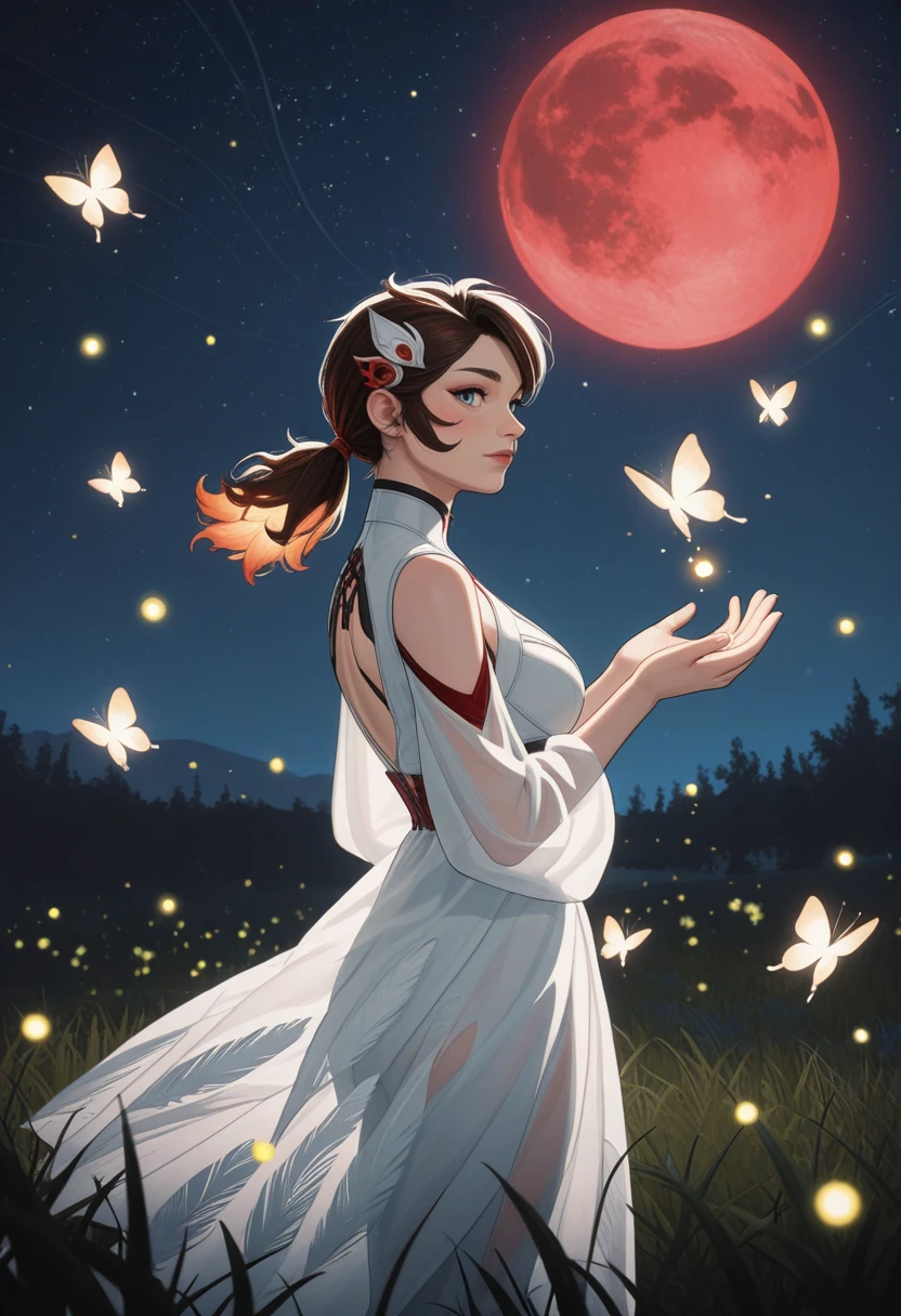 very awa, masterpiece, best quality, absurdres, newest, perfect quality, detailed background, intricate details, solo,
<lora:ILMRP3n1P4rk3r:1.0>
MRP3n1P4rk3r, 1girl, brown hair, low ponytail, twin ponytail, hair ornament, red streaks, blue eyes, looking at viewer, (Side View: 1.2), Standing on the Grass in the Moonlight, Gazing Upwards Slightly at the Crimson Moon, (Light Blush on the Cheeks), (Perfect Hands: 1.3), (Translucent Feathers Fluttering: 1.2), (Surrounded by Glowing Butterflies and Fireflies: 1.3), (Floating Sakura Petals: 1.2), (Starry Night Sky Background: 1.4), (Blood Red Moon), (Ethereal Atmosphere: 1.3), (Celestial Light: 1.2)