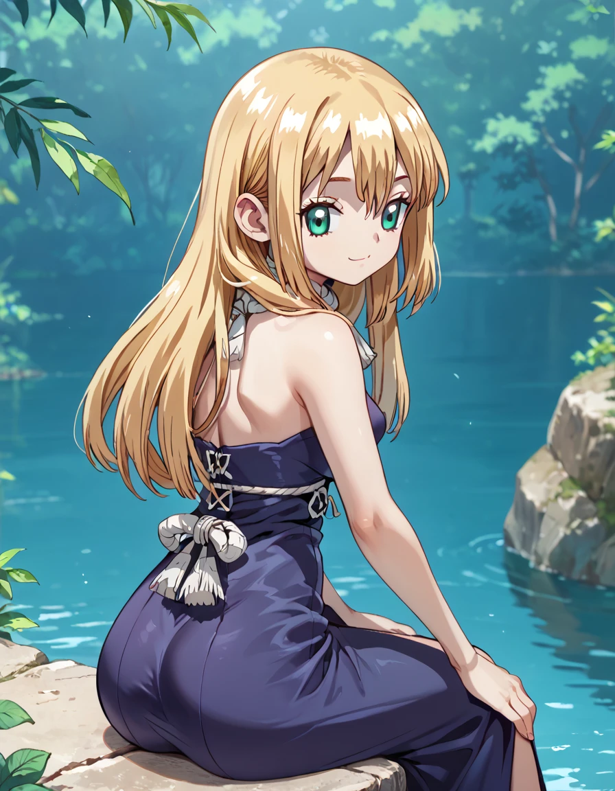 score_9, score_8_up, score_7_up, DrStone_Ruri, sitting sideways, looking back, soft smile