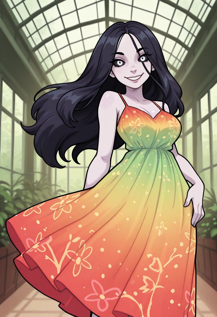 very awa, masterpiece, best quality, absurdres, newest, perfect quality, detailed background, intricate details
<lora:ILSm2Izanami:1.0>
Sm2Izanami, 1girl, black hair, long hair, black sclera, white eyes, pale skin, looking at viewer, colorful floral sundress, sweet smile, dynamic pose, volumetric lighting, cinematic lighting, indoors, greenhouse, vibrant colors, blurry background