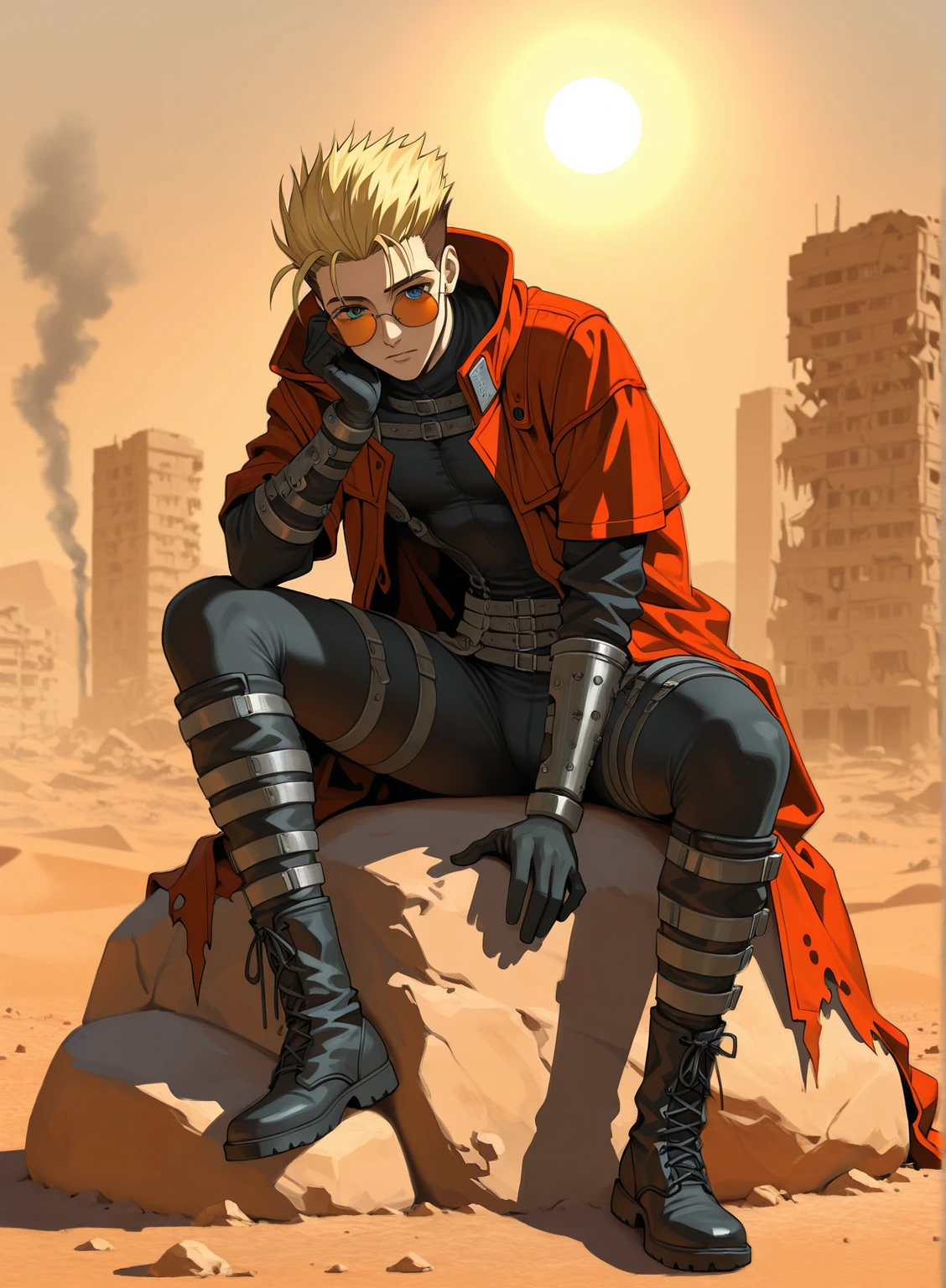masterpiece, best quality, high resolution, 4k, ultra-detailed, sharp focus, anime-style, 1998 cel-shaded look, solo, male, human,
Vash the Stampede (red long duster coat, high collar, black , straps and buckles, black gloves, black boots, round orange sunglasses),
sitting on a boulder, contemplative expression, one hand pushing up his round orange sunglasses,
desert wasteland, ruined town in the background, collapsed buildings, smoke plumes, drifting dust, torn banners,
golden hour sunset backlight, rim light on coat edges, long shadows, cinematic lighting, volumetric light, depth of field, cohesive background, rich color grading,