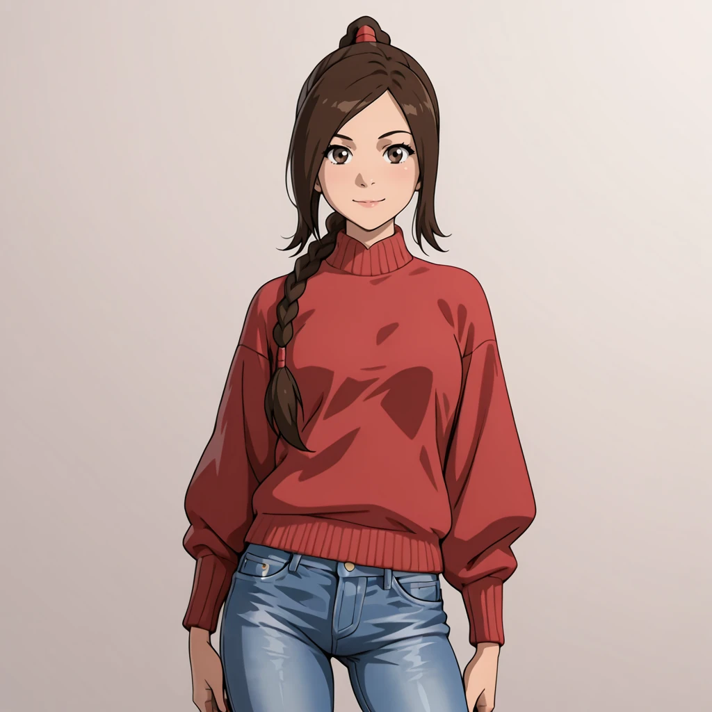 <lora:TyLee_illustrious_v2:.9>TyLee, 1girl, braid, brown hair, long hair,  brown eyes, cowboy shot, sweater, jeans