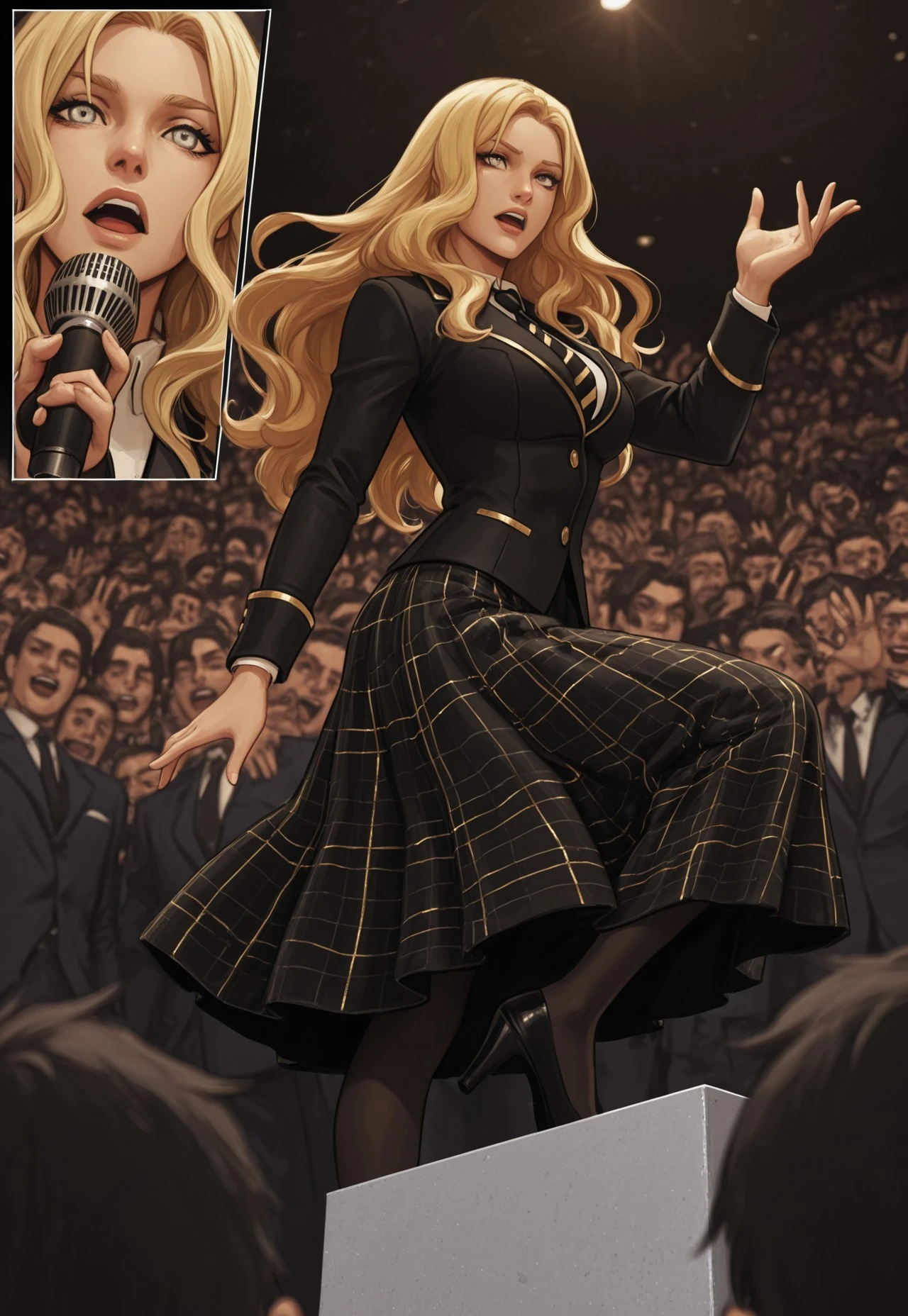 (QUALITY: score_9, score_8_up, score_7_up, score_6_up, high_quality, highres, detailed_eyes, beautiful, detailed, masterpiece, best quality, absurdres, 8k))
(CHARACTER: 1girl, leona eristas, blonde hair, (silver eyes:1.3), long hair, wavy hair)
(EXPRESSION: unreadable)
(CLOTHING: renisce university uniforms, shirt skirt, white shirt, black blazer, gold trim, black-golden striped tie, black-golden plaid skirt, long black stocking, high heels)
(POSE: (public speaking, speaking on podium, speech, hand on microphone:1.5)
(PERSPECTIVE: dynamic view from different angle:1.5) (comic panel:2)
(BACKGROUND: university hall, blurred background, crowded people below podium)