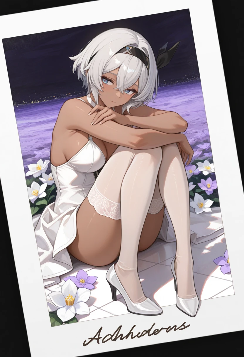 very awa, masterpiece, best quality, absurdres, newest, perfect quality, detailed background, intricate details, solo,
<lora:ILP0k3m0nBe4:1>
P0k3m0nBe4, 1girl, short hair, dark-skinned female, hair between eyes, gray hair, blue eyes, hairband, a polaroid picture with a fullbody girl figure on it, painted flower over the polaroid picture, purple, black, white, orange combination palette, Polaroid Film Photo, Minimum Polaroid Frame, she has look of innocence, her eyes is looking away with a subtle smilewhite stockings,  white high-heels, Exquisite composition, rhododendrons, style that adds depth and realism. Art, Painting, Add painting, (Very complex painting), flowers, exterior, watercolor,