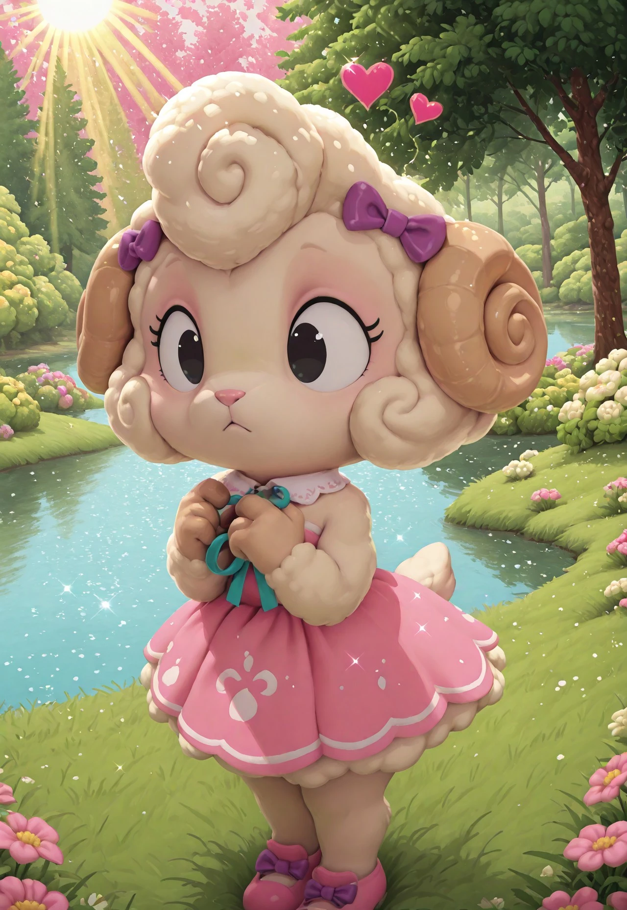 (cutecore, kawaiicore) 1girl, (anthro, furry, furry female) lulubelle, sheep, (light skin, cream fur, bodyfur), light brown sheep horns, hot pink nose, short hair, curly hair, cream hair, big eyes, dot eyes, black eyes, curled eyelashes, hot pink strapless sleeveless dress, white trim, (white trim on hot pink strapless sleeveless dress), white lace-trimmed peter pan collar, aqua thin  ribbon, cream fur_trim, bows, too many bows, pink bows, purple bows, blue bow, hair ribbons, hair bow, hot pink shoes, ((verdant greenery, trees, lush bushes, grass, grassy lawn, wildflowers, water, lake, sunlight, sun rays, hearts, sparkles, glitter))