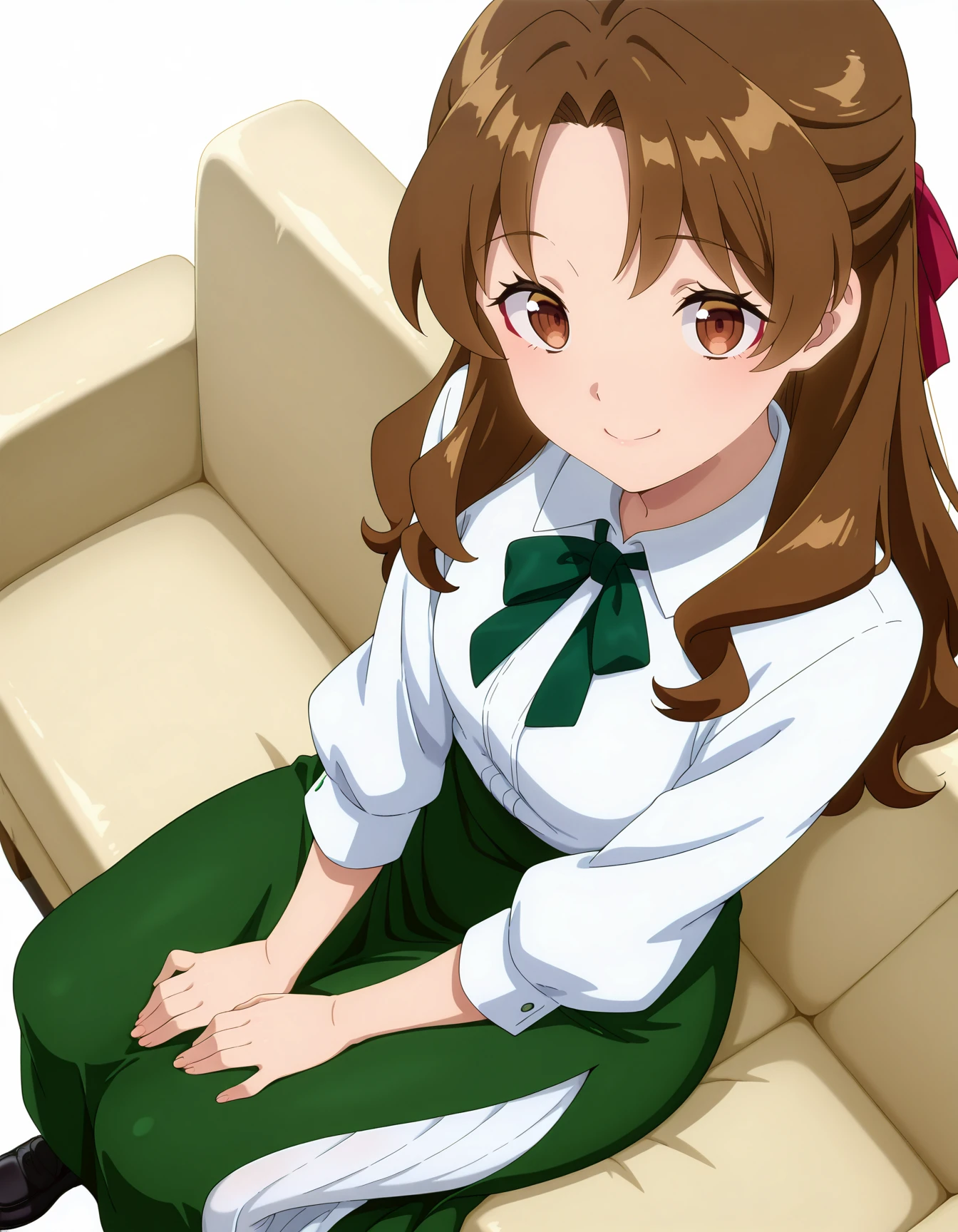 highres,very detailed,amazing quality,very aesthetic,anime screencap,
1girl,smile,solo,looking at viewer,dutch angle,foreshortening,sitting sofa,cowboy shot,from above,(simple background,white background:1.2),
brown eyes,red eyeshadow,parted bangs,brown hair,long hair,half updo,red hairribbon,
white blouse,green bow,green long skirt,white petticoat,(white thighhighs:0.8),black loafers,side slit,<lora:FLIAW_Clacasse 1:1>