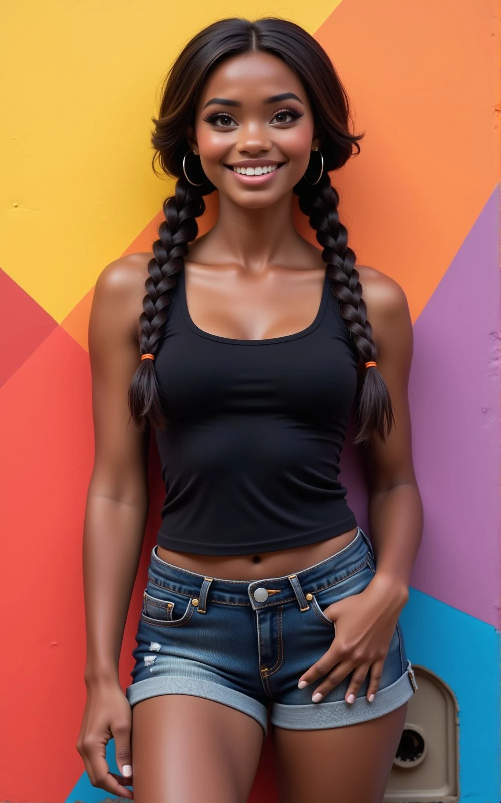 sharp image, 4k, standing young woman, multicolored wall on background, black eyeliner, eyeshadows, long eyelashes, full body, black tank top, short jean pants, smile, thighs, happy pose,, <lora:Woomy 14 Flux:0.9> dark skin, ebony, brown eyes, brown hair, long hair, braid twintails,