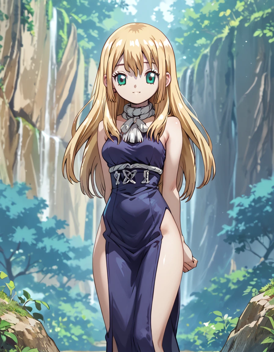 score_9, score_8_up, score_7_up, DrStone_Ruri, standing, arms behind back, soft smile