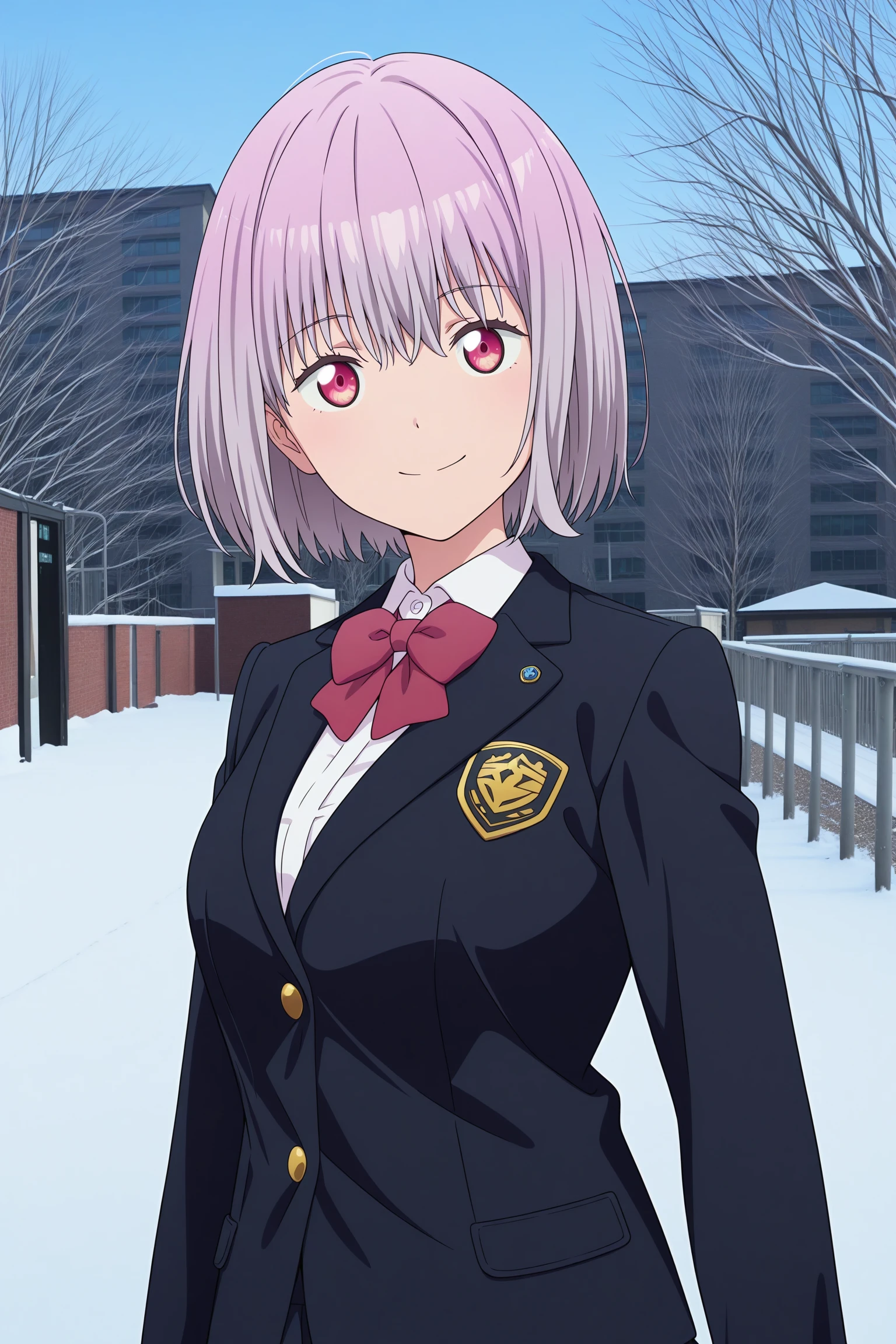 masterpiece, best quality, amazing quality, highres, absurdres, very aesthetic, high resolution, ultra detailed, perfect details, 1girl, solo, outdoors, school, snow, (photo background:1.5), shinjo akane, short hair, purple hair, wispy bangs, purple eyess, long sleeves, black jacket, white shirt, collared shirt, red bowtie, black skirt, pleated skirt, black socks, kneehighs, brown footwear, loafers, <lora:Akane_Shinjo_ILXL:0.8>, aged up, (upper body), looking at viewer, (anime coloring:1.2), standing, pose, smile