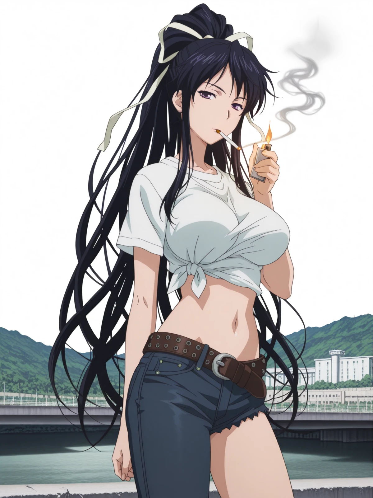 masterpiece, best quality, amazing quality,, <lora:kaori-kanzaki-s1-illustriousxl-lora-nochekaiser:1>, kaori kanzaki, long hair, black hair, ribbon, very long hair, hair ribbon, ponytail, purple eyes, mature female, large breasts, anime screencap, shirt, navel, midriff, belt, pants, denim, jeans, asymmetrical clothes, single pantsleg,, <lora:lighting-cigarette-illustriousxl-lora-nochekaiser:1>, lighting cigarette, lighter, holding lighter, cigarette, smoking, fire, smoke, holding, cowboy shot, dam, water, concrete, structure, height, cowboy shot, solo, looking at viewer, <lora:transparent-background-illustriousxl-lora-nochekaiser:1>, transparent background, simple background, white background