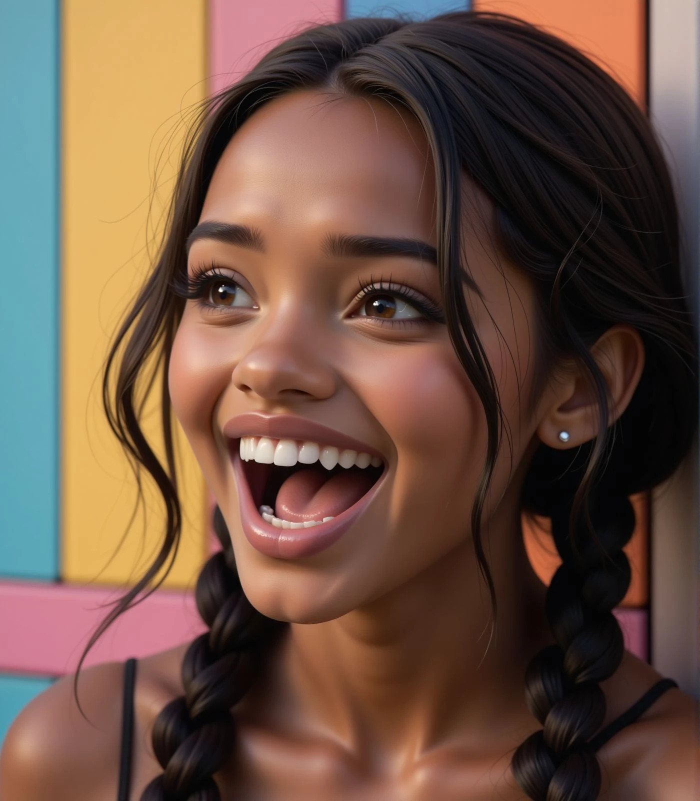 sharp image, 4k, young woman face, close up face, wide open mouth, laughing, happy, semi side view, looking away, multicolored wall on background, black eyeliner, eyeshadows, long eyelashes,, <lora:Woomy 14 Flux:0.9> dark skin, ebony, brown eyes, brown hair, long hair, braid twintails,