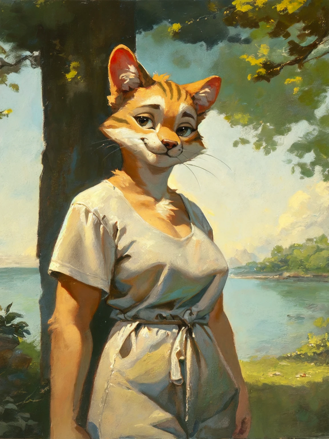 oil painting, traditional medium, score_9, score_8_up, score_7_up, rating_safe, cowboy shot, 1cat_girl, solo, smile, furry, nature, canvas texture, source_furry