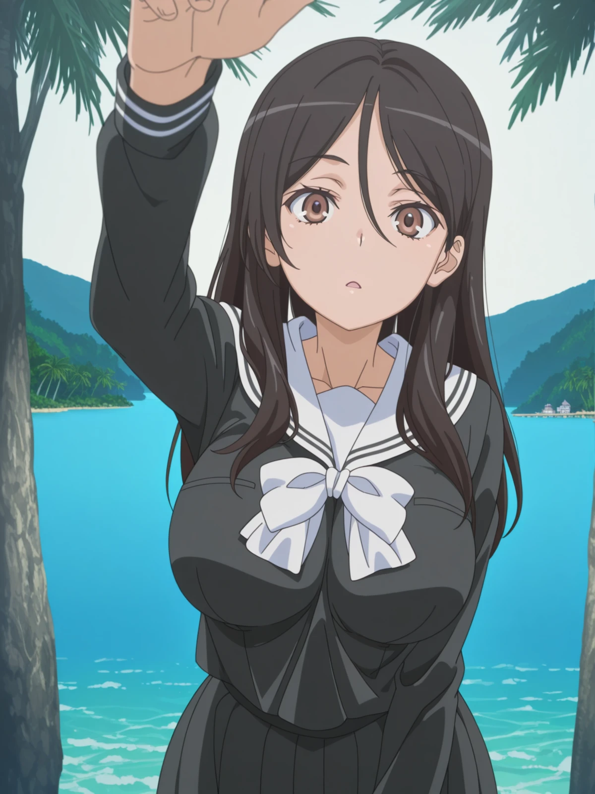 masterpiece, best quality, amazing quality,, <lora:seiri-fukiyose-indexs2-illustriousxl-lora-nochekaiser:1>, seiri fukiyose, long hair, black hair, brown eyes, hair between eyes, mature female, large breasts, anime screencap,, skirt, serafuku, black shirt, black skirt, long sleeves, white bowtie, white sailor collar, <lora:incoming-headpat-illustriousxl-lora-nochekaiser:1>, incoming headpat, headpat, pov, outstretched arm, reaching, reaching towards viewer, looking at viewer, island, water, tropical, trees, isolation, cowboy shot, solo, looking at viewer,