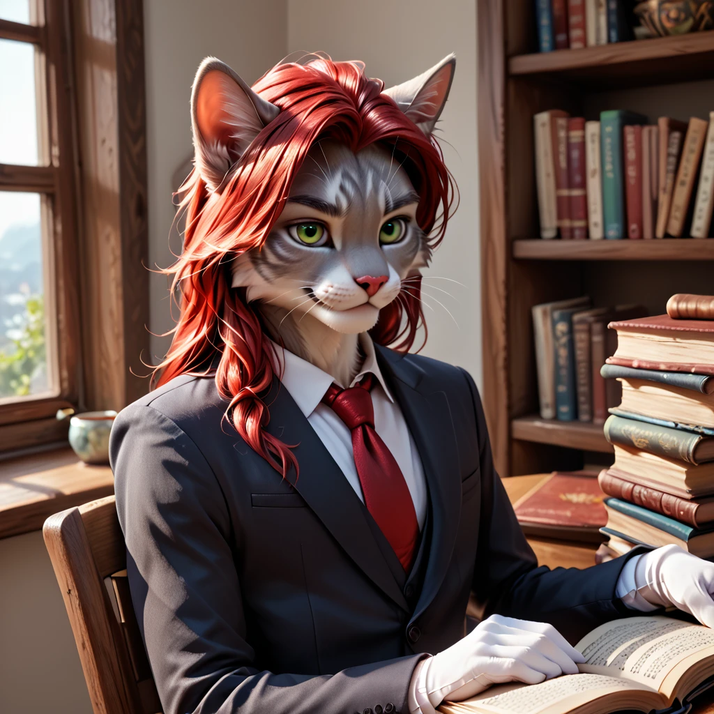 score_9, score_8_up, score_7_up, score_6_up, Realistic, highres, super high resolution, 4k, photo, furry, Furry, anthro, fur, K@y0t, Cat, male cat, (((long red straight hair))), thin body, green eyes, grey fur, grey body, black suit, inner vest, tie, white gloves, L1brary, indoors, bookshelves, books, window, sitting in fine chair, smile, close-up, reading book, unrealstyle,
