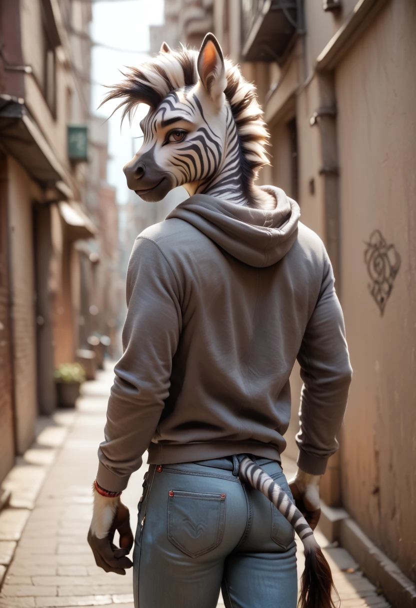 score_9, score_8_up, score_7_up, score_6_up, Realistic, highres, super high resolution, 8k, photo, furry, male zebra, black straight hair, lean build, brown eyes, zebra stripes, zebra tail, back alley, city, jeans, hoodie, solo, furry hands, Voluminous style, smile,