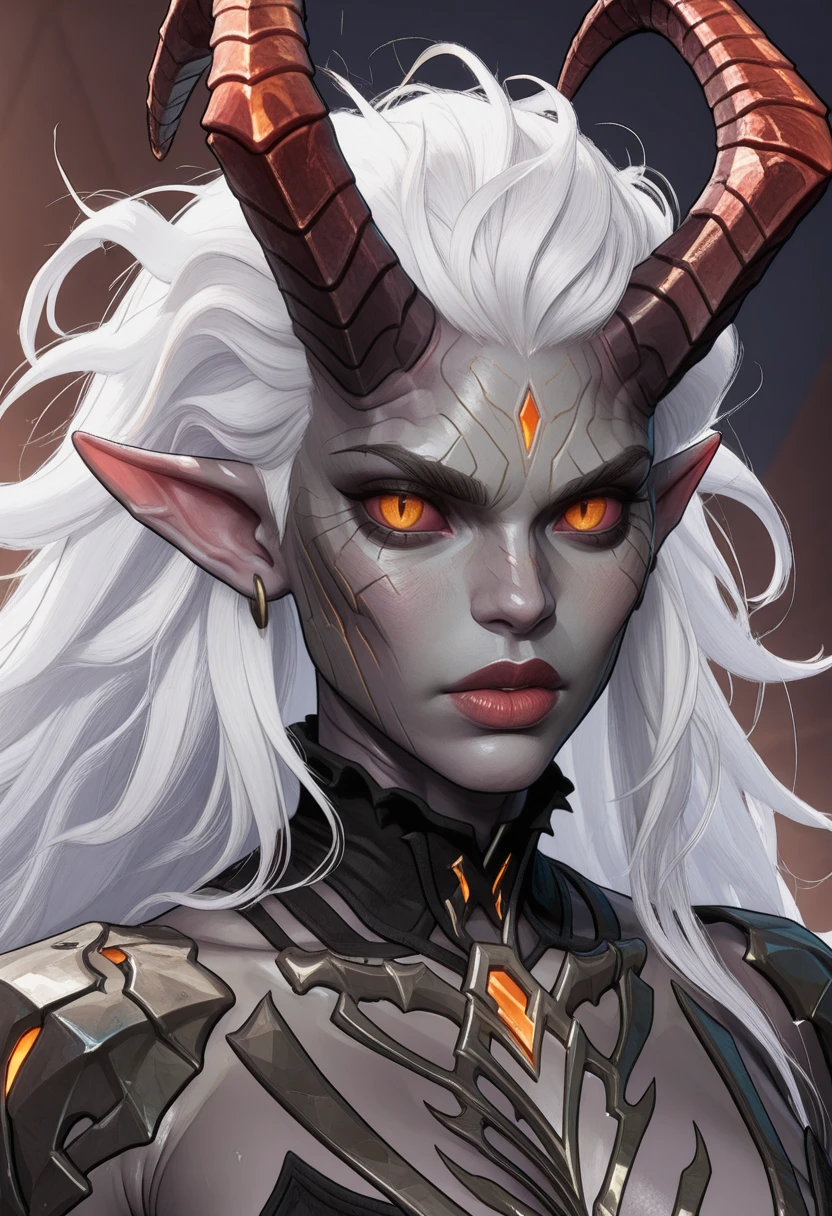 very awa, masterpiece, best quality, absurdres, newest, perfect quality, detailed background, intricate details
<lora:ILMRM4gik:1.0>
MRM4gik, 1girl, long hair, white hair, messy hair, colored sclera, orange eyes, dragon horns, demon girl, pointy ears, gray skin, looking at viewer, portrait