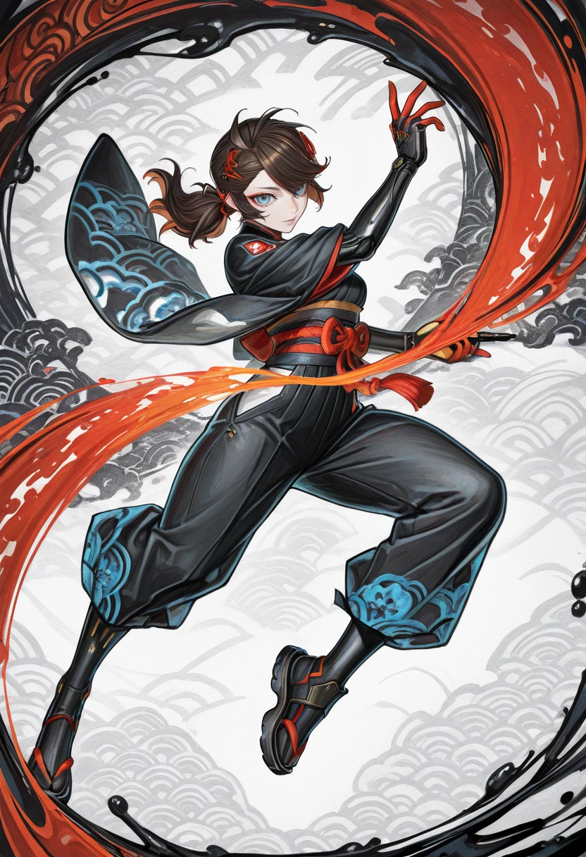 very awa, masterpiece, best quality, absurdres, newest, perfect quality, detailed background, intricate details, solo,
<lora:ILMRP3n1P4rk3r:1.0>
MRP3n1P4rk3r, 1girl, brown hair, low ponytail, twin ponytail, hair ornament, red streaks, blue eyes, looking at viewer, ink art, watercolor, nihonga, limited palette, abstract, full body, dynamic pose