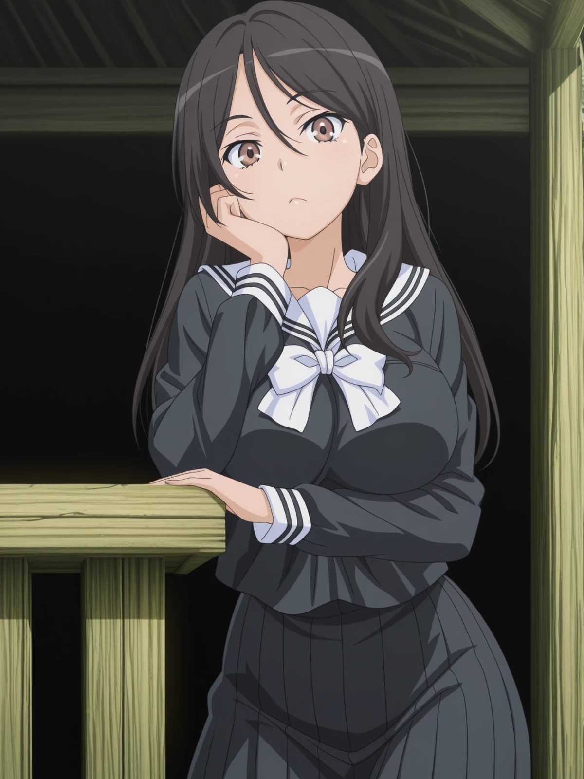 masterpiece, best quality, amazing quality,, <lora:seiri-fukiyose-indexs2-illustriousxl-lora-nochekaiser:1>, seiri fukiyose, long hair, black hair, brown eyes, hair between eyes, mature female, large breasts, anime screencap,, skirt, serafuku, black shirt, black skirt, long sleeves, white bowtie, white sailor collar, head rest, hut, small, rural, wood, shelter, cowboy shot, solo, looking at viewer, <lora:transparent-background-illustriousxl-lora-nochekaiser:1>, transparent background, simple background, white background