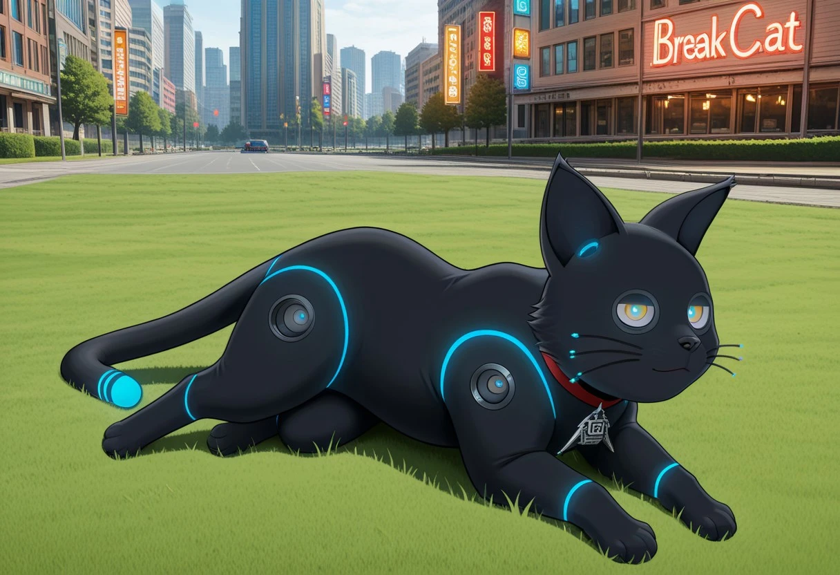 masterpiece, best quality, amazing quality, very aesthetic, absurdres, newest, break
outdoors, day, city park, break
1cat, cat 808, black cat, glowing, feral cat, neon lights, yellow eyes, break
lying on grass