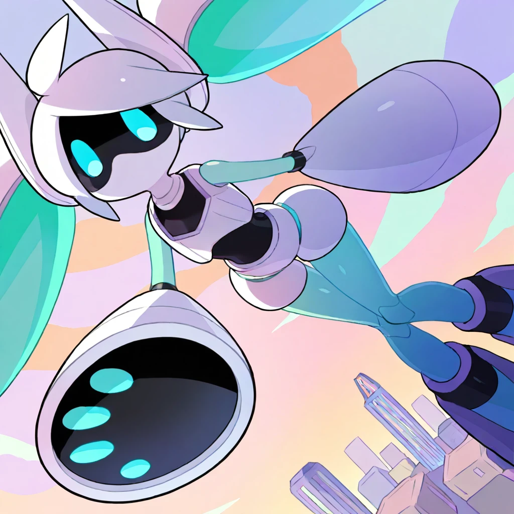 solo,
VoidollCom, robot, humanoid, female, twintails, screen face, screen eyes, light blue eyes, light blue skin, arm cannon, footwear, white shorts, black leotard under clothes,
flying,
side view, high angle view, looking at viewer, dynamic pose,
on roof, cityscape, twilight, gradient sky,
amazing quality, high quality, very aesthetic, absurdres, newest, masterpiece, best quality, very awa, detailed background,