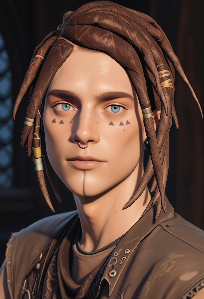 very awa, masterpiece, best quality, absurdres, newest, perfect quality, detailed background, intricate details
<lora:ILLIS2Finn:1.0>
LIS2Finn, 1boy, male focus, dreadlocks, short hair, brown hair, blue eyes, facial mark, hair ornament, ear piercing, looking at viewer, portrait